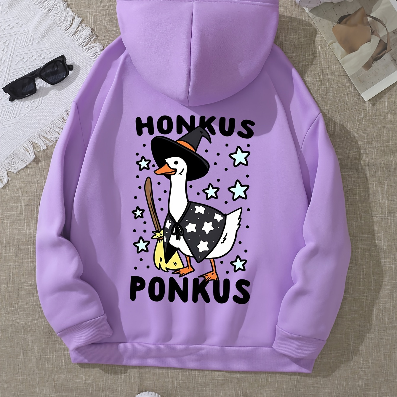 

Plus Size Casual Sweatshirt, Women's Plus Cartoon Duck & Letter Print Long Sleeve Drawstring Fleece Hoodie With Kangaroo Pocket