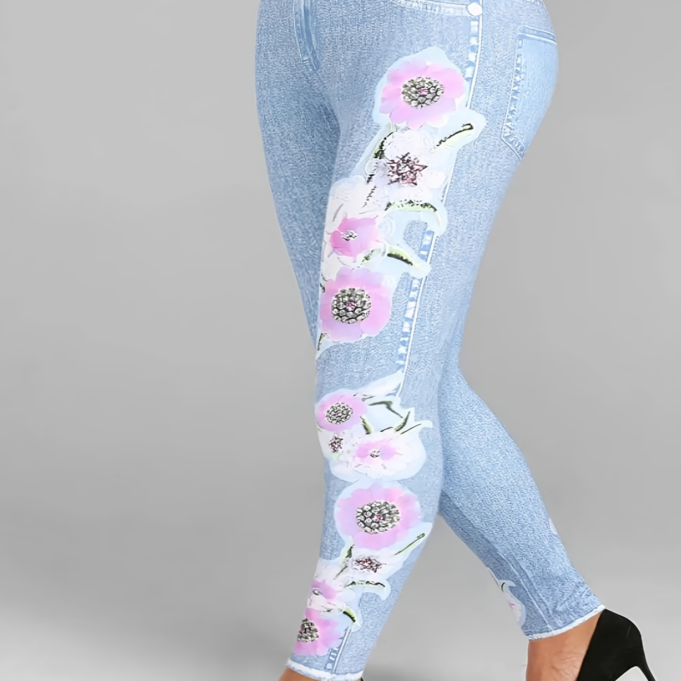 Fashnice Women Fake Jeans Floral Print Plus Size Leggings Tummy