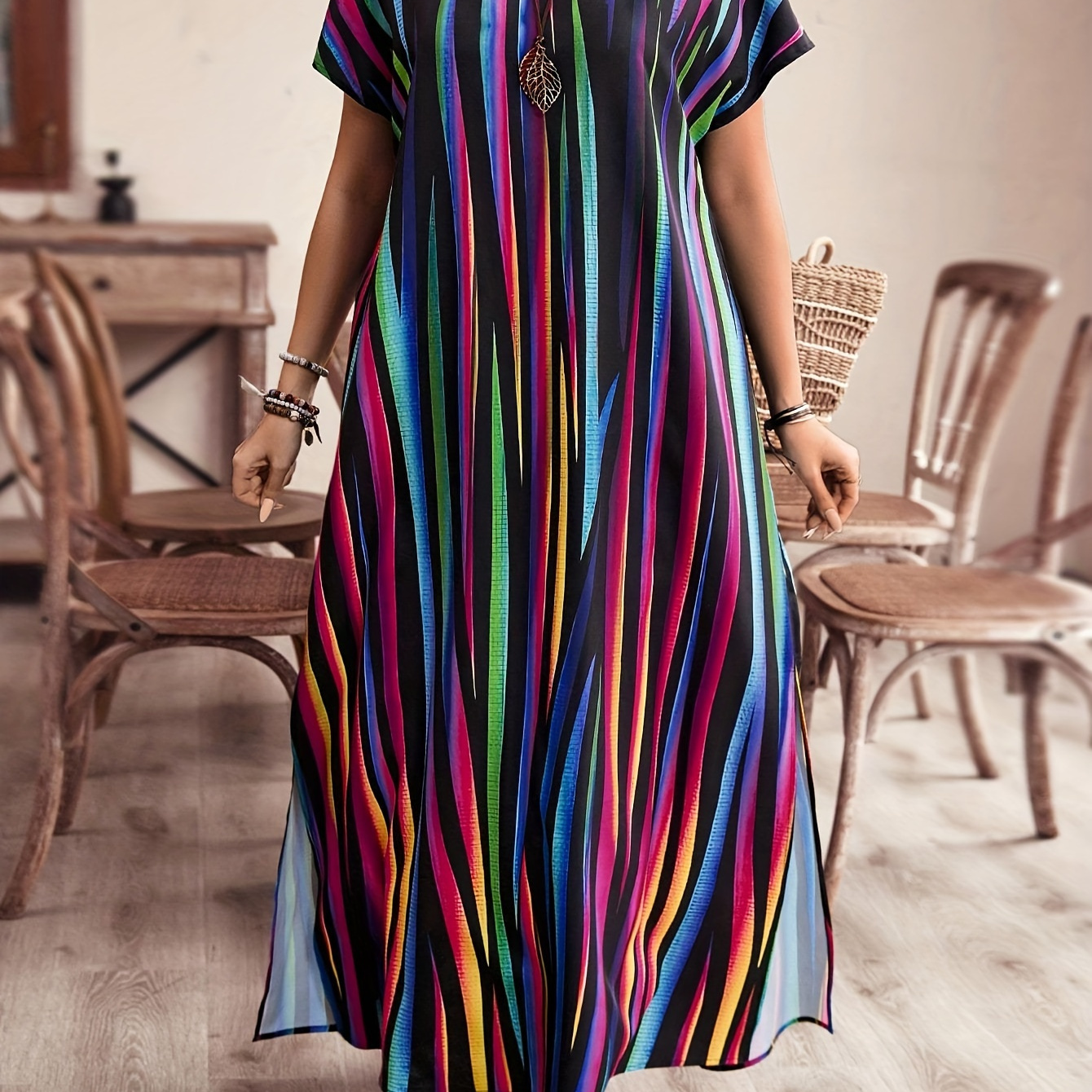 

Plus Size Colorful Stripe Print V Neck Dress, Vacation Short Sleeve Slit Dress For Spring & Summer, Women's Plus Size Clothing