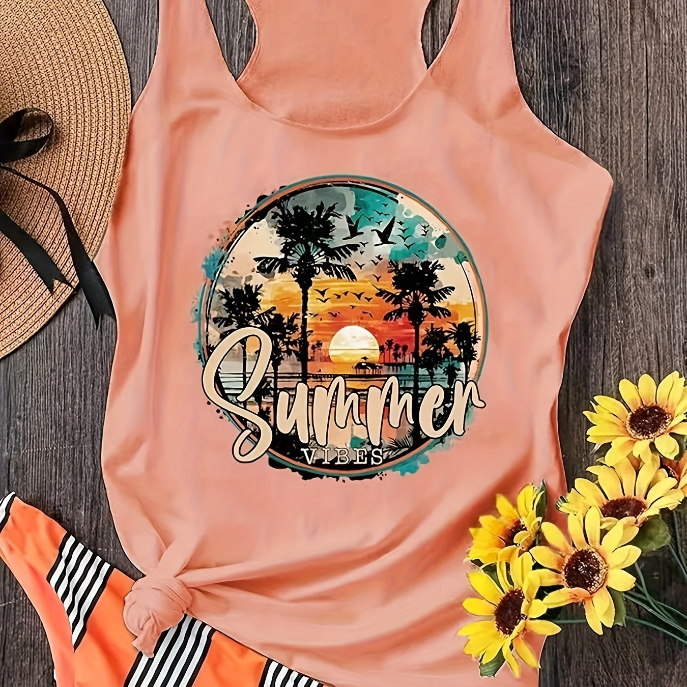 

Letter & Coconut Tree Print Tank Top, Casual Crew Neck Sleeveless Tank Top For Summer, Women's Clothing