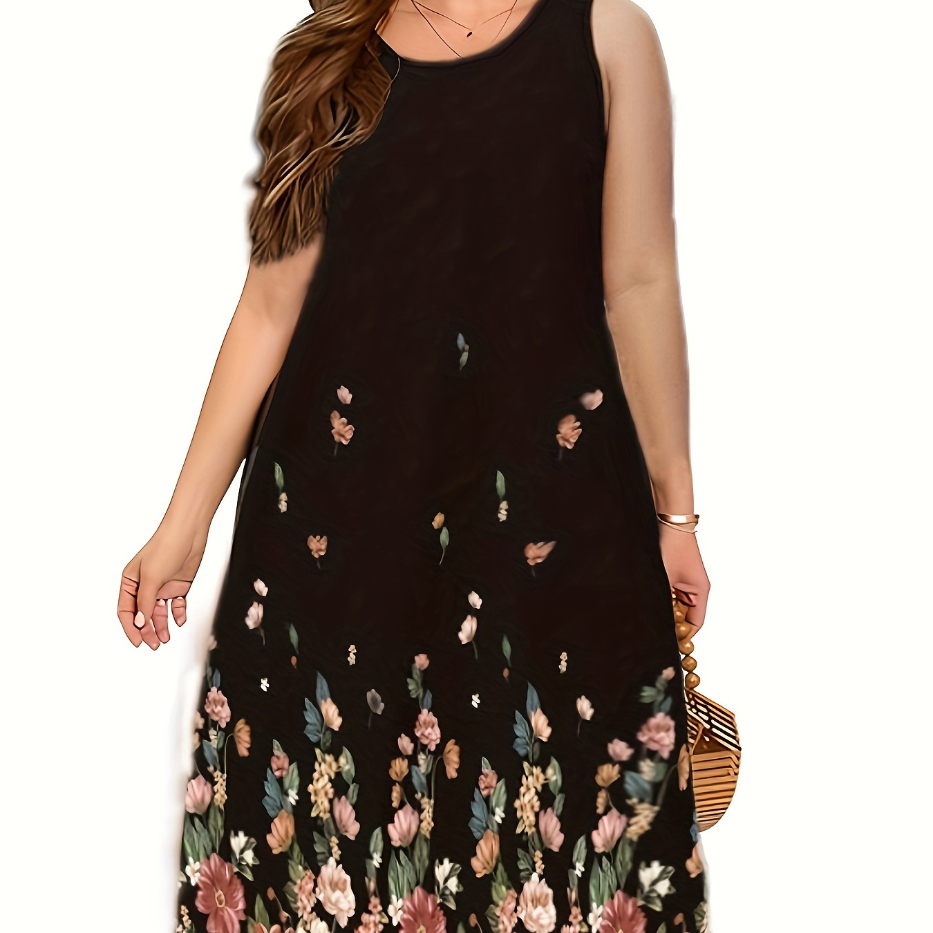 

Plus Size Floral Print Dress, Vacation Crew Neck Sleeveless Loose Tank Dress For Spring & Summer, Women's Plus Size Clothing