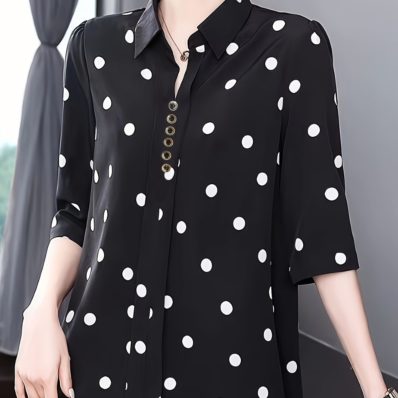 

Chic Polka Blouse For Women - Style, Polyester, Machine Washable, Button Detail, Non-stretch Fabric