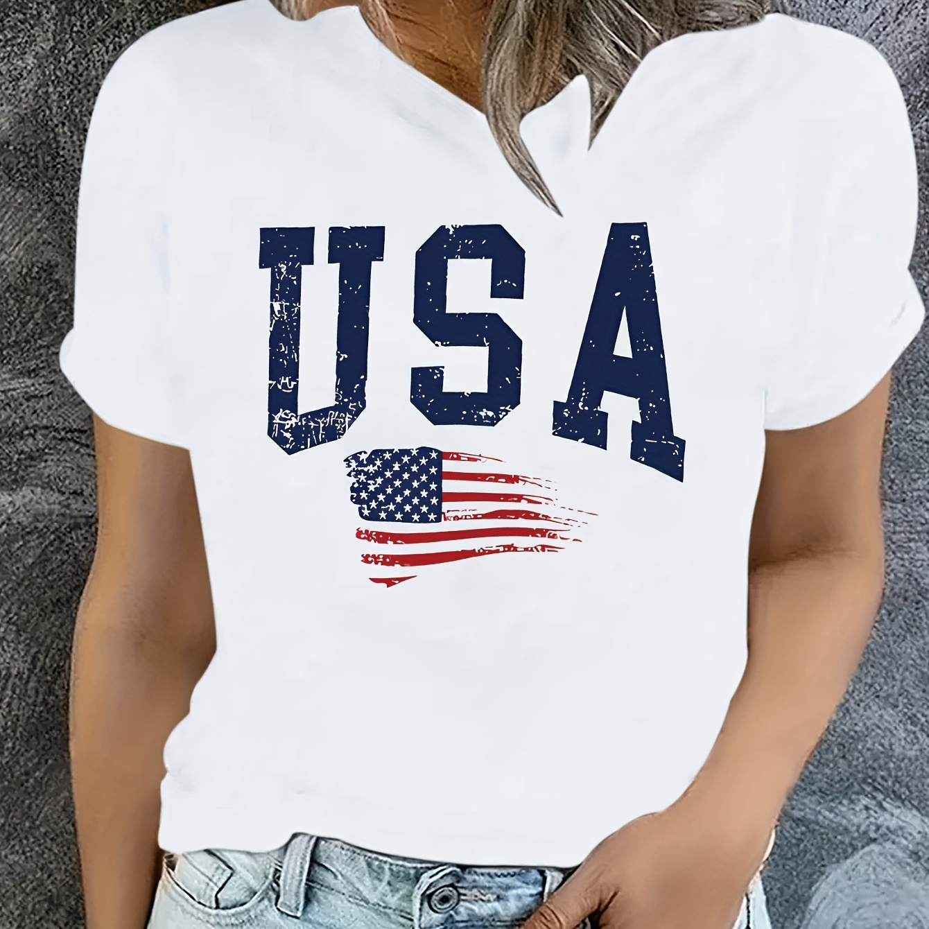 

Plus Size Usa Print T-shirt, Casual Short Sleeve Crew Neck Top For Spring & Summer, Women's Plus Size Clothing