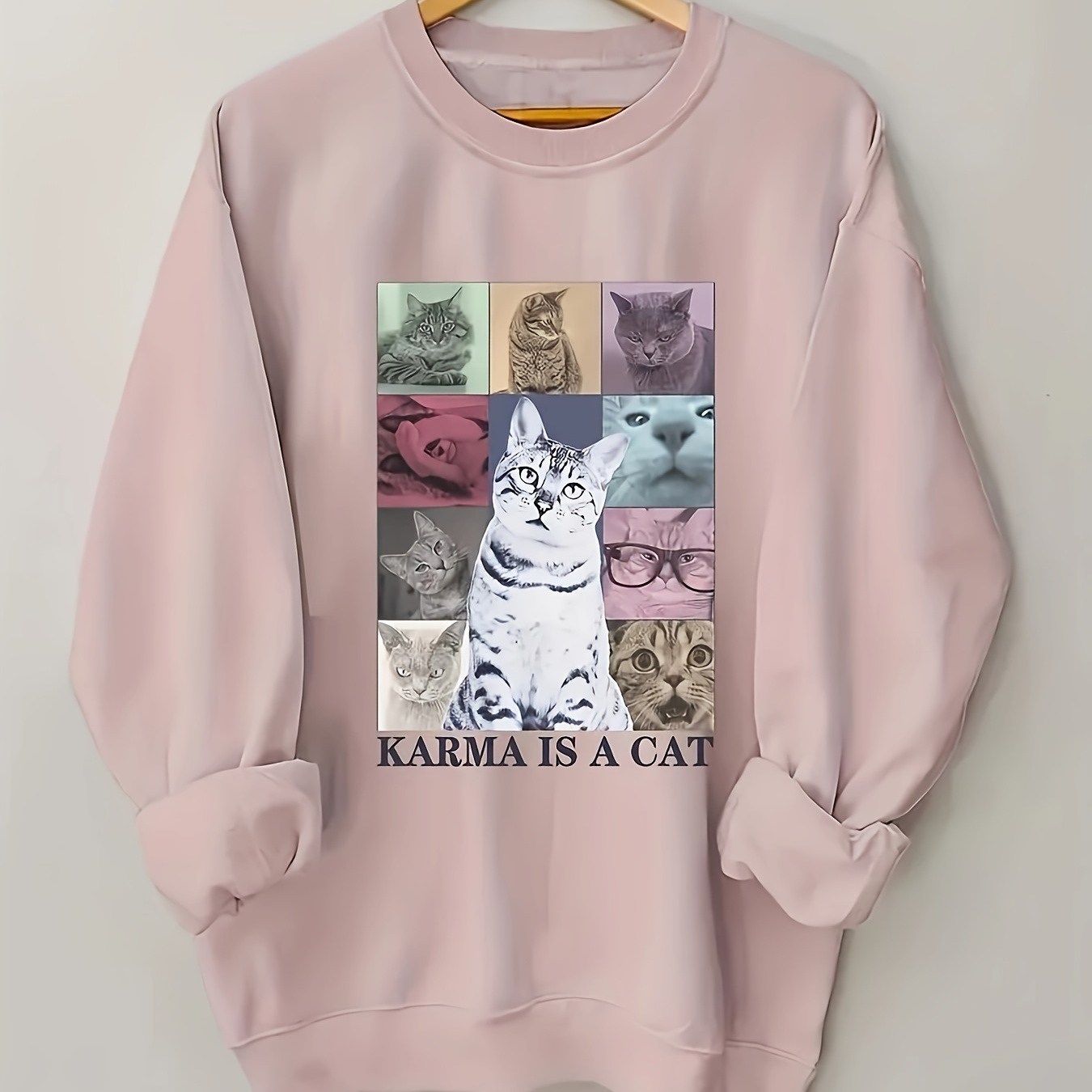 

Cat Print Sweatshirt, Long Sleeve Crew Neck Casual Sweatshirt For Fall & Spring, Women's Clothing