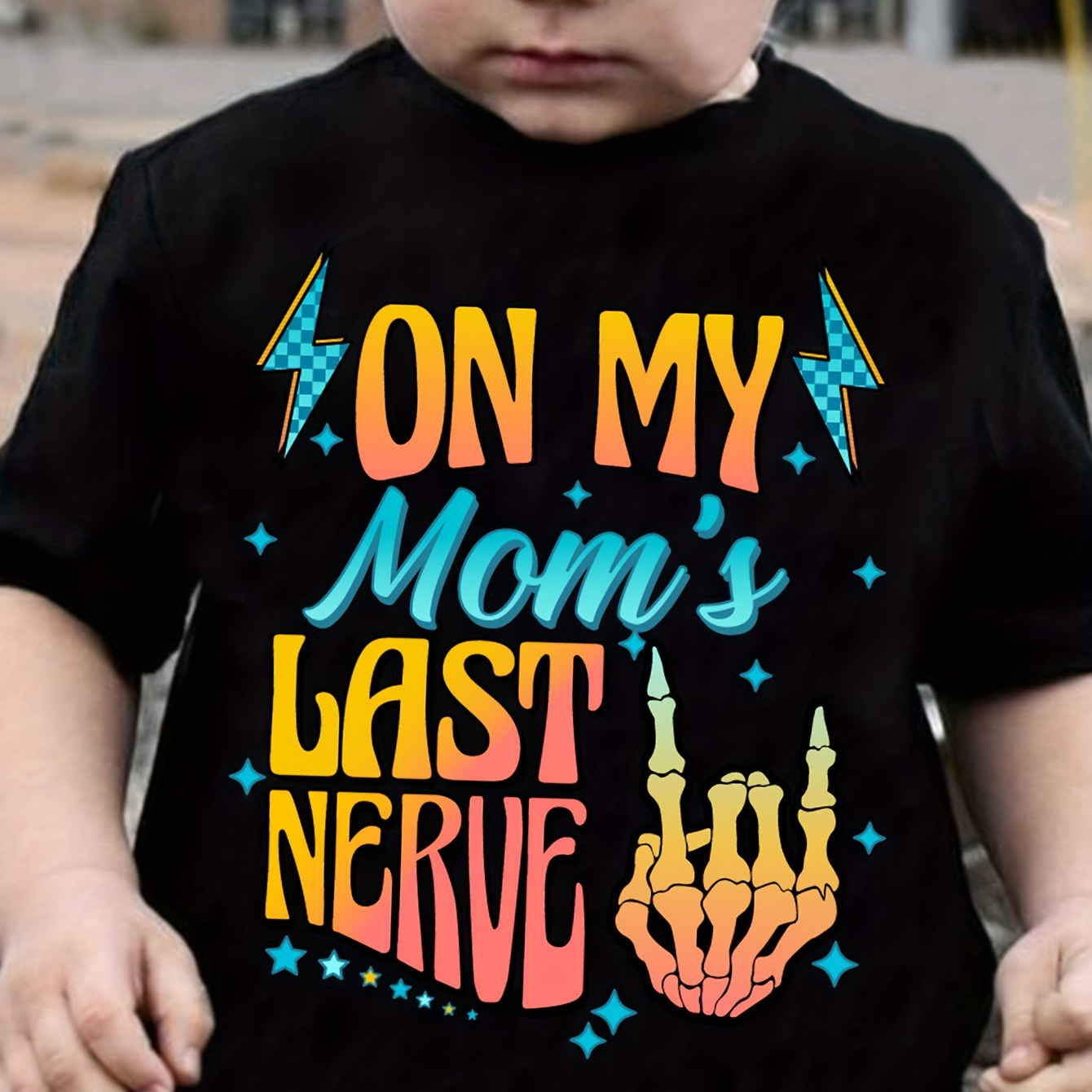 

On My Mom's Last Nerve & Cartoon Lightening & Skeletal Hand Graphic Print Tee, Boys' Casual & Trendy Crew Neck Short Sleeve T-shirt For Spring & Summer, Boys' Clothes For Everyday Life
