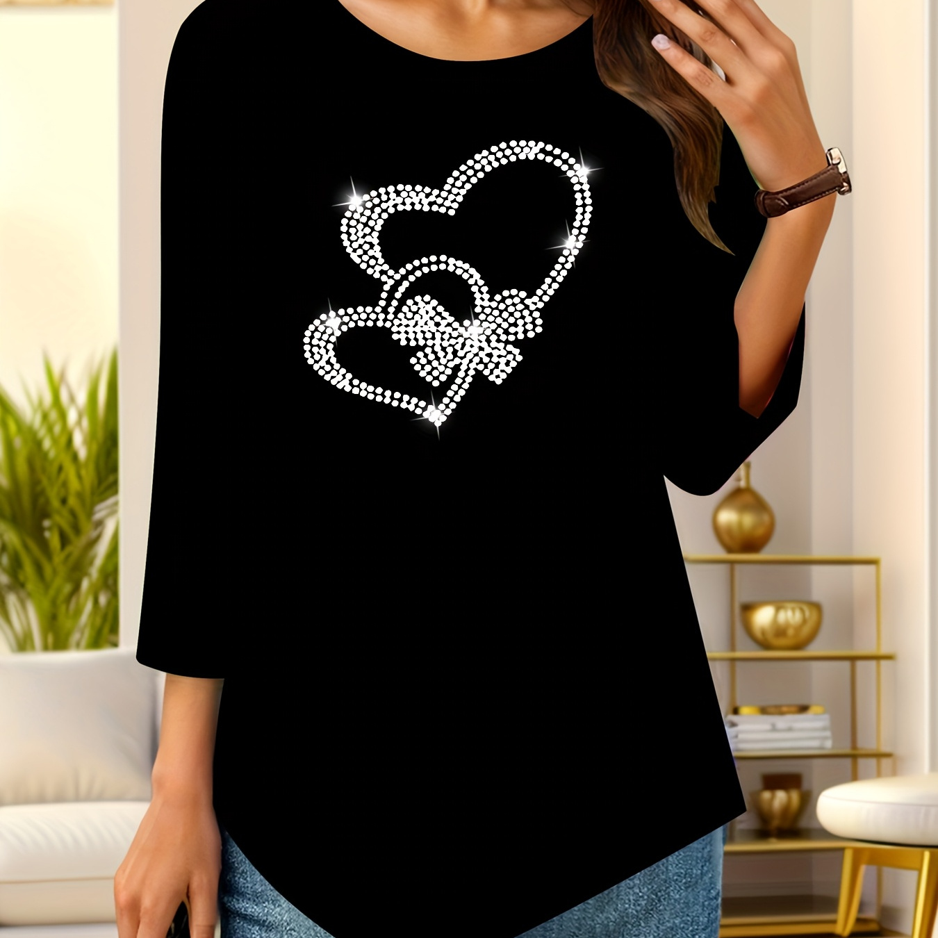 

Women's Elegant Crew Neck T-shirt With Rhinestone Heart And Bow Detail, Long Sleeve, Regular Length, Polyester 95% Spandex 5%, All Season Knit Fabric Top