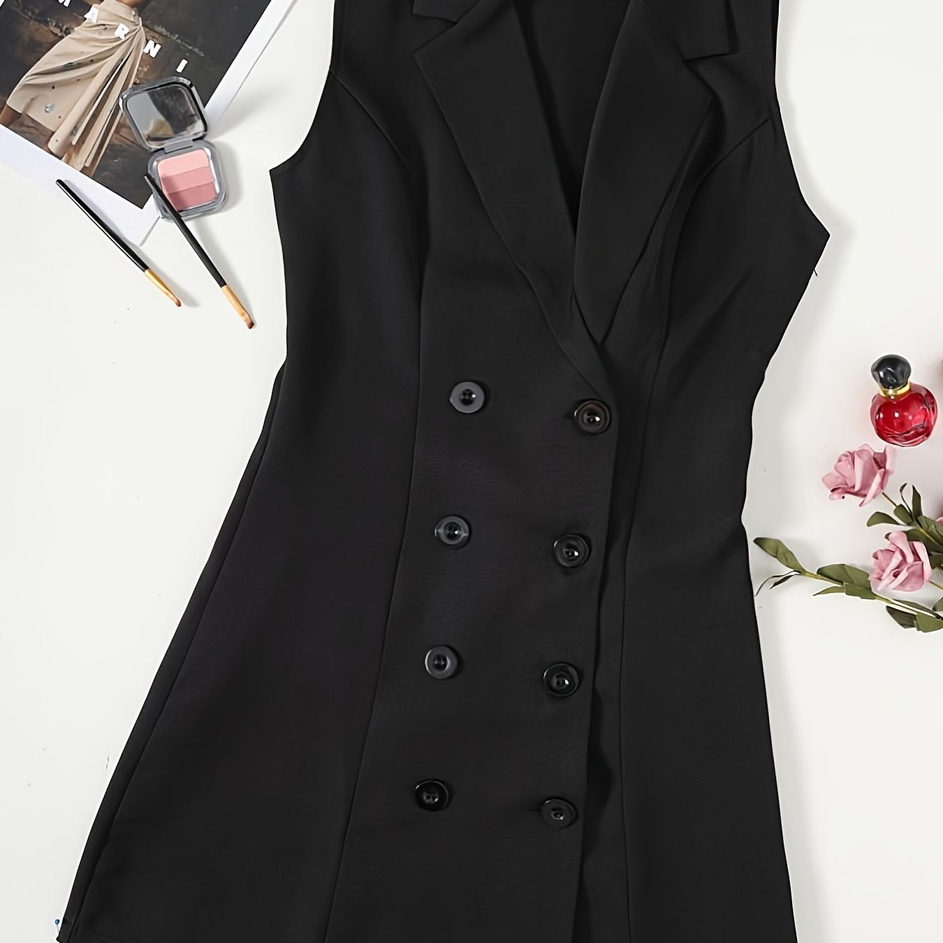 

Double Breasted Lapel Dress, Sexy Sleeveless Solid Slim Dress, Women's Clothing