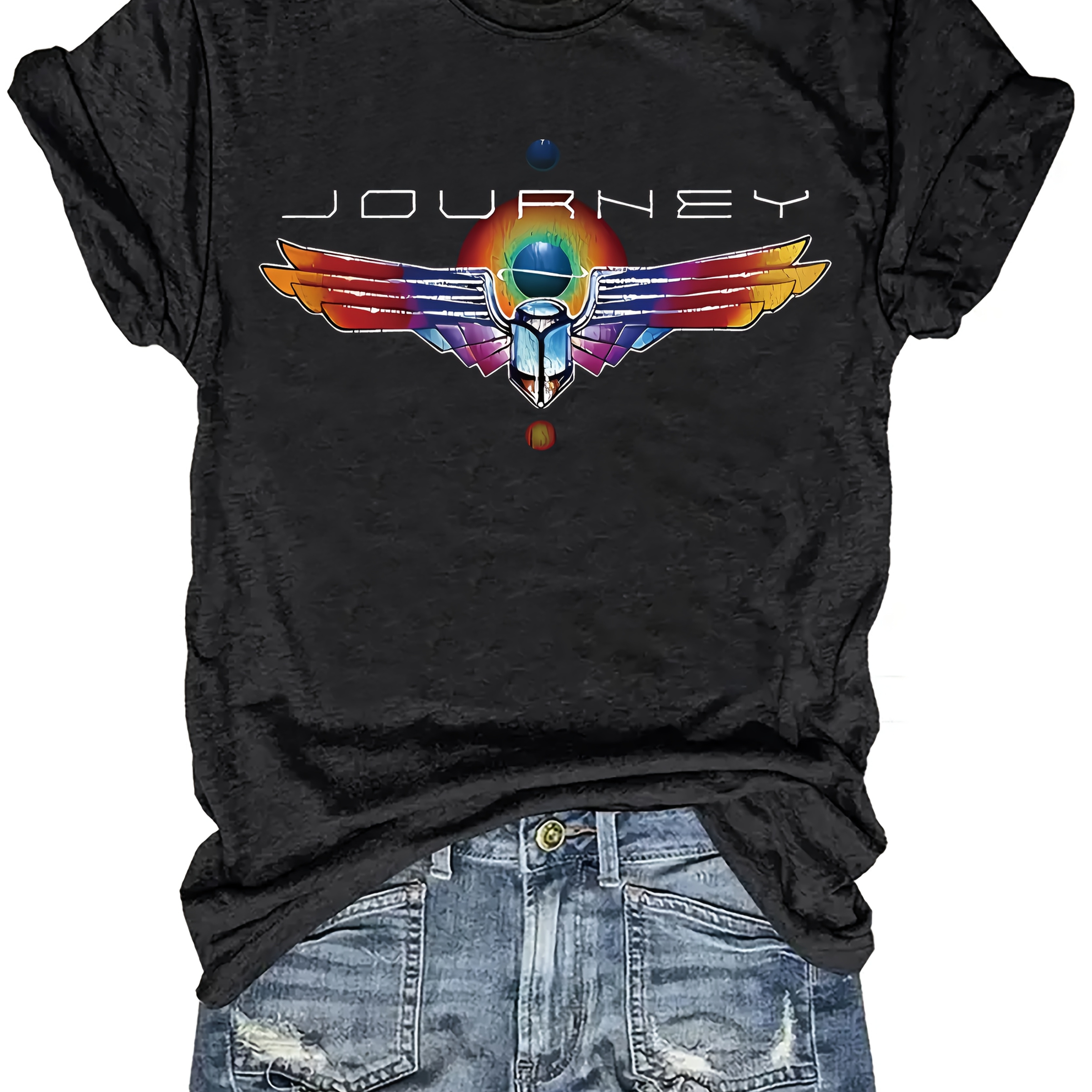 

Journey T-shirt, Casual Crew Neck Short Sleeve Tee, Polyester Knit Fabric Top, With Vibrant Space-, For All