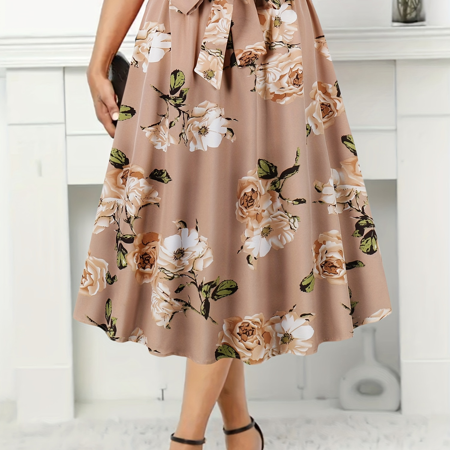 

Floral Print Belted Midi Skirt, Elegant Pleated Skirt For Spring & Summer, Women's Clothing