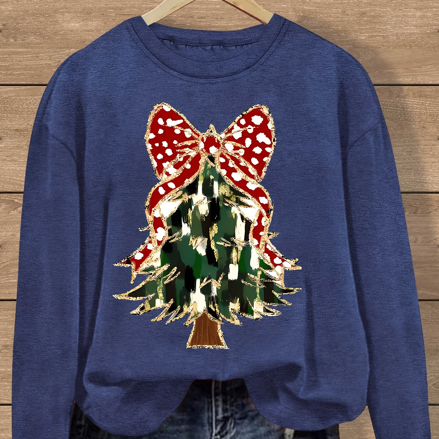 

Winter , Women's Christmas Tree & Red Bow Print Long Sleeve T-shirt - Casual Crew Neck, Stretch Fabric, Machine Washable - In Multiple Colors, Sizes S To Xxl, Christmas Shirts