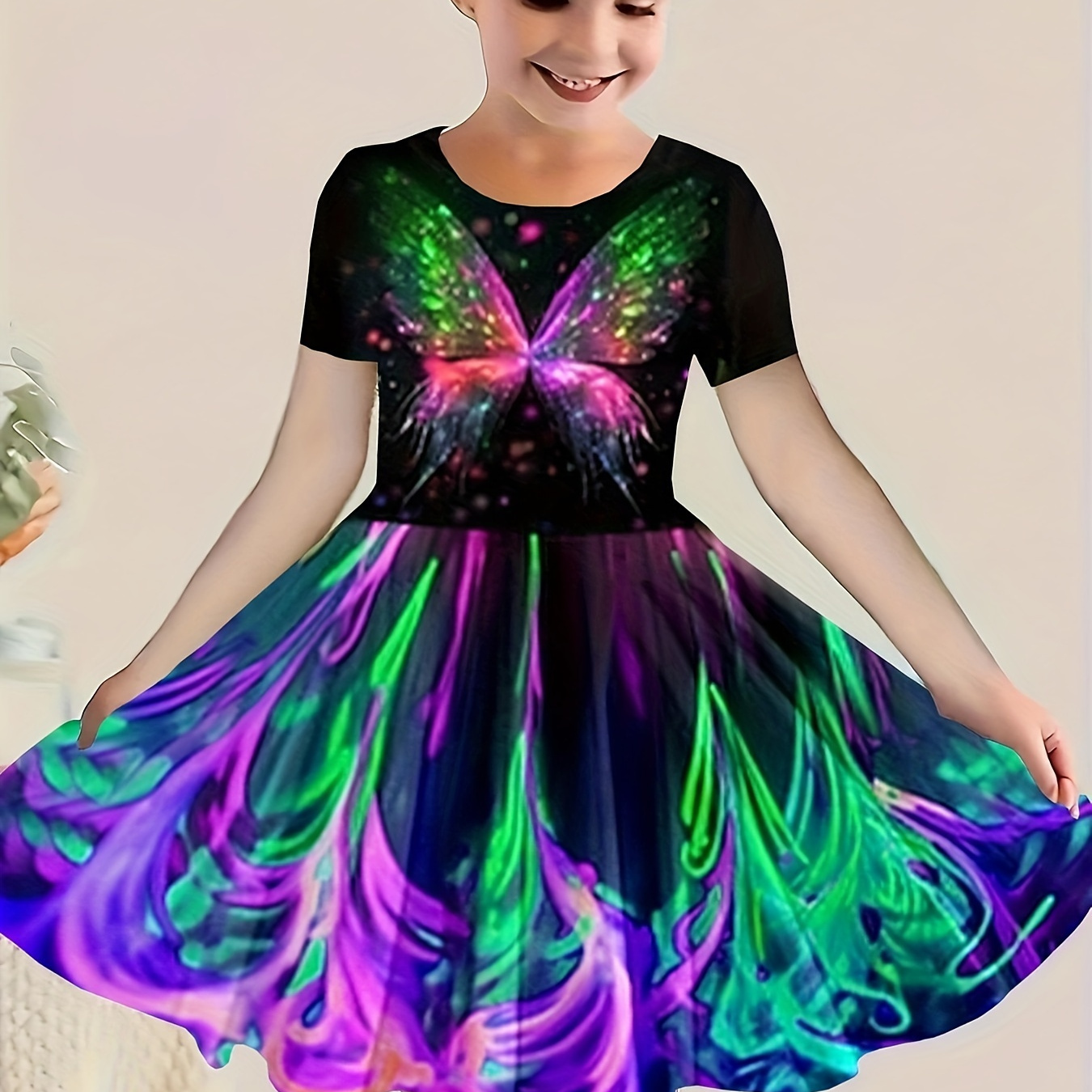 

Girls Dreamy 3d Butterfly Graphic Crew Neck Short Sleeve Dress Summer Clothes