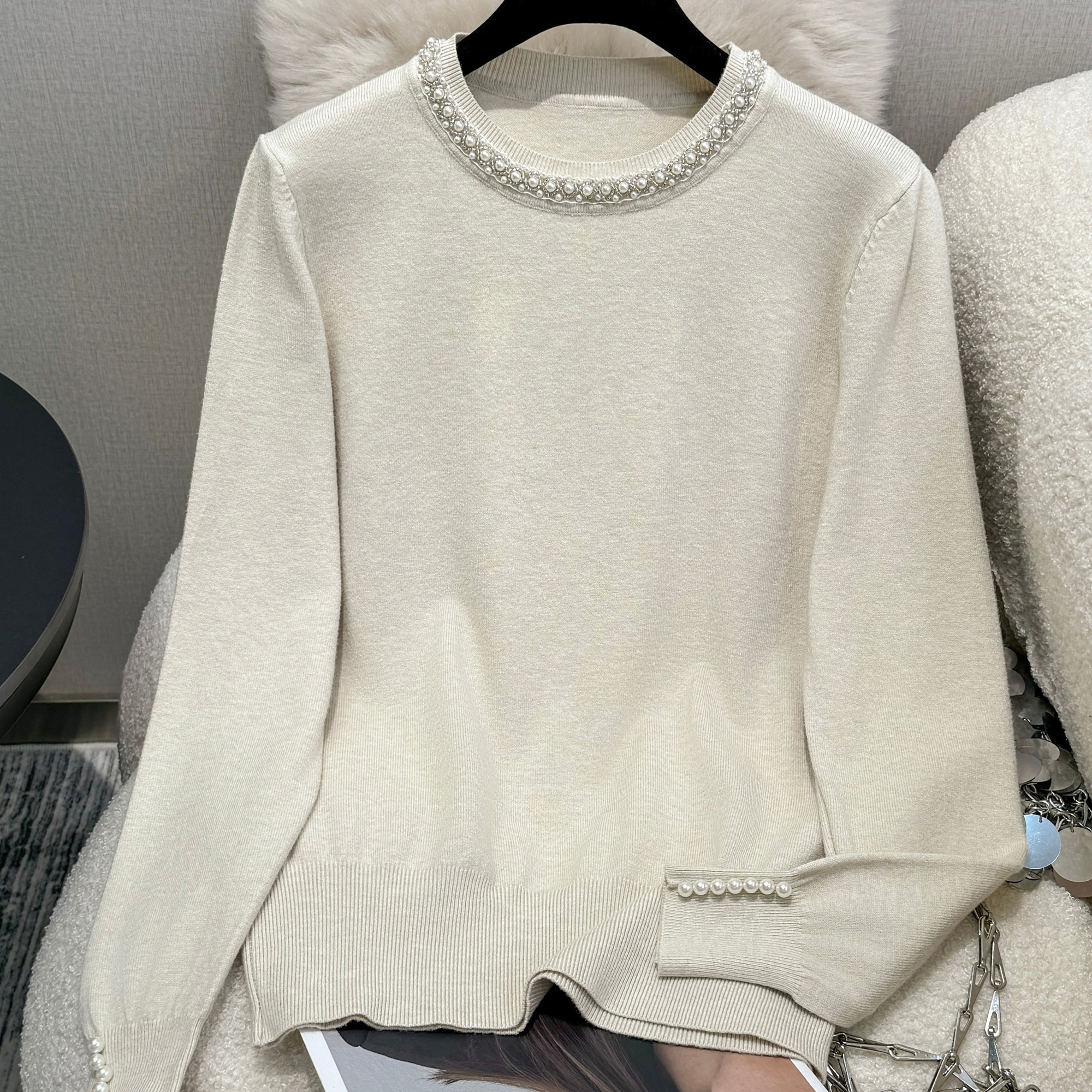 

1pc Women's Casual Viscose Pullover Sweater With Beaded Detail - Crew Neck, Long Sleeve, Knit Fabric, Regular Length, All