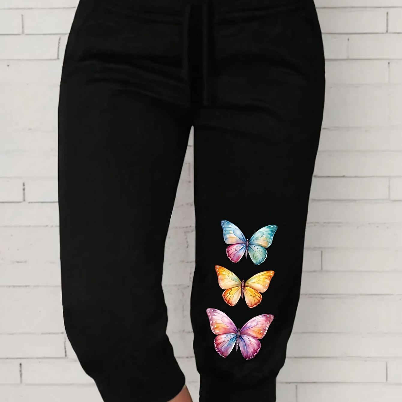 

Plus Size Butterfly Print Pants, Casual Pants For Spring & Summer, Women's Plus Size Clothing