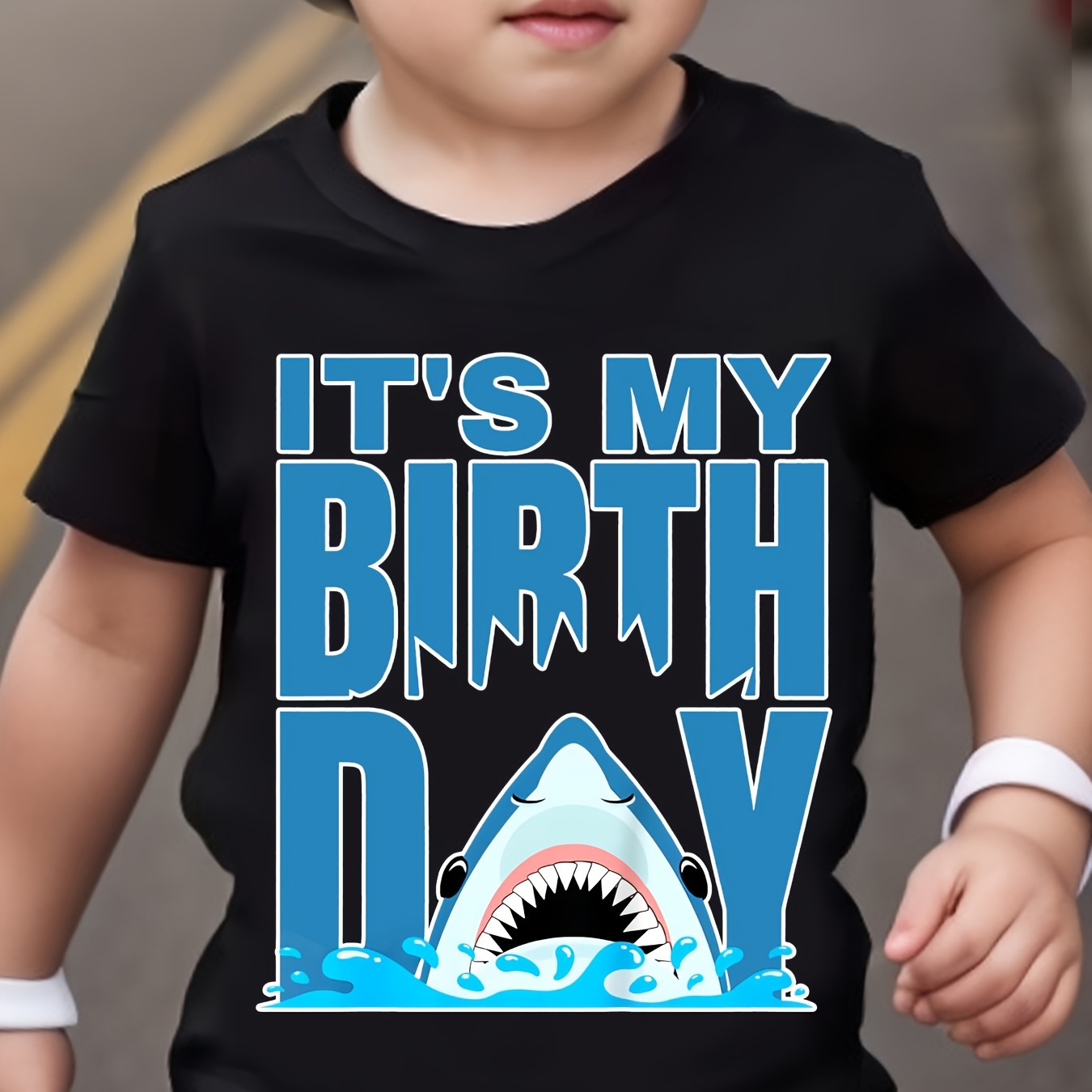 

It's My Birthday And Cartoon Shark Graphic Print T-shirt, Creative Short Sleeve Crew Neck Casual Daily Tops, Boy's Clothing