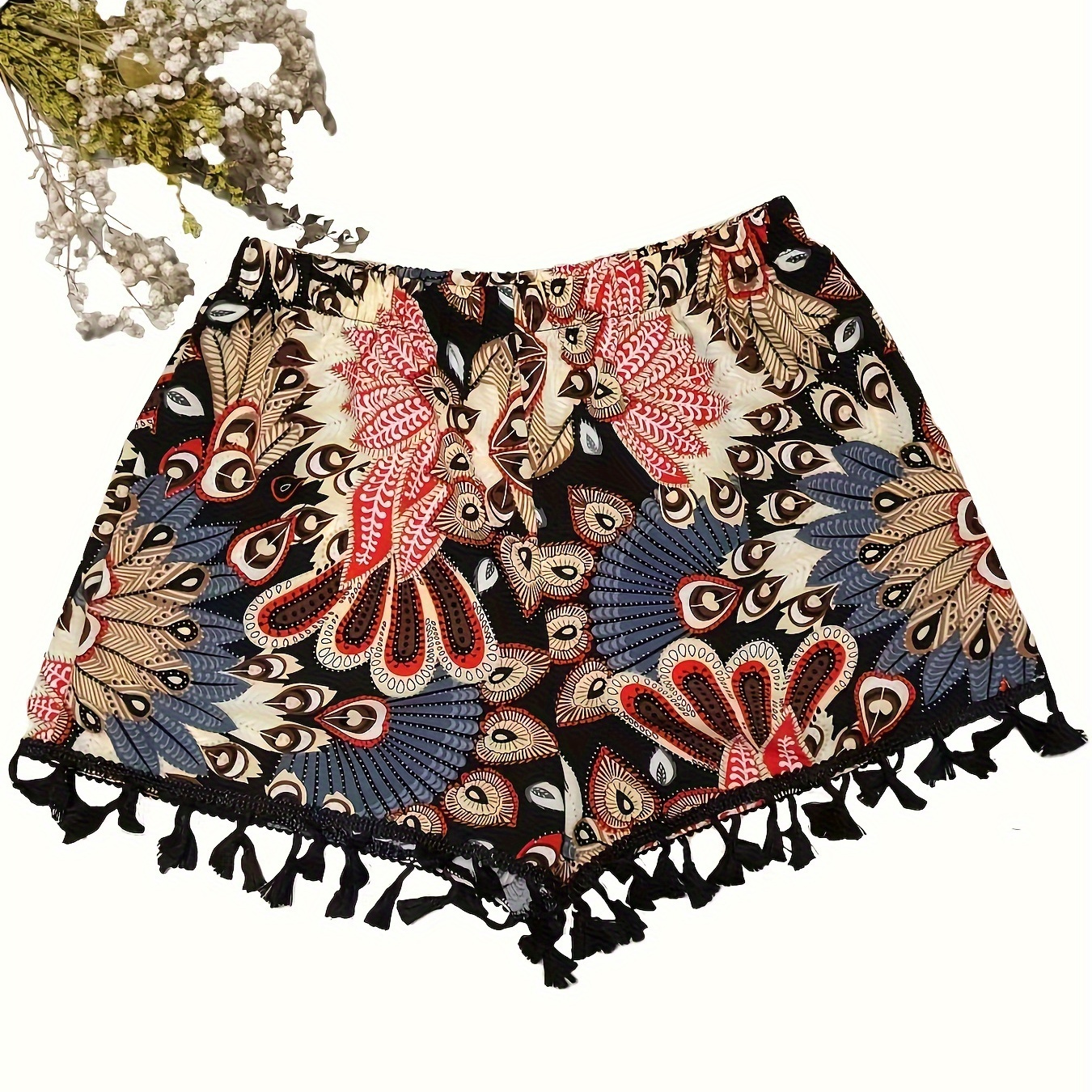 

Feather Print Tassel Hem Shorts, Casual Elastic High Waist Shorts For Spring & Summer, Women's Clothing