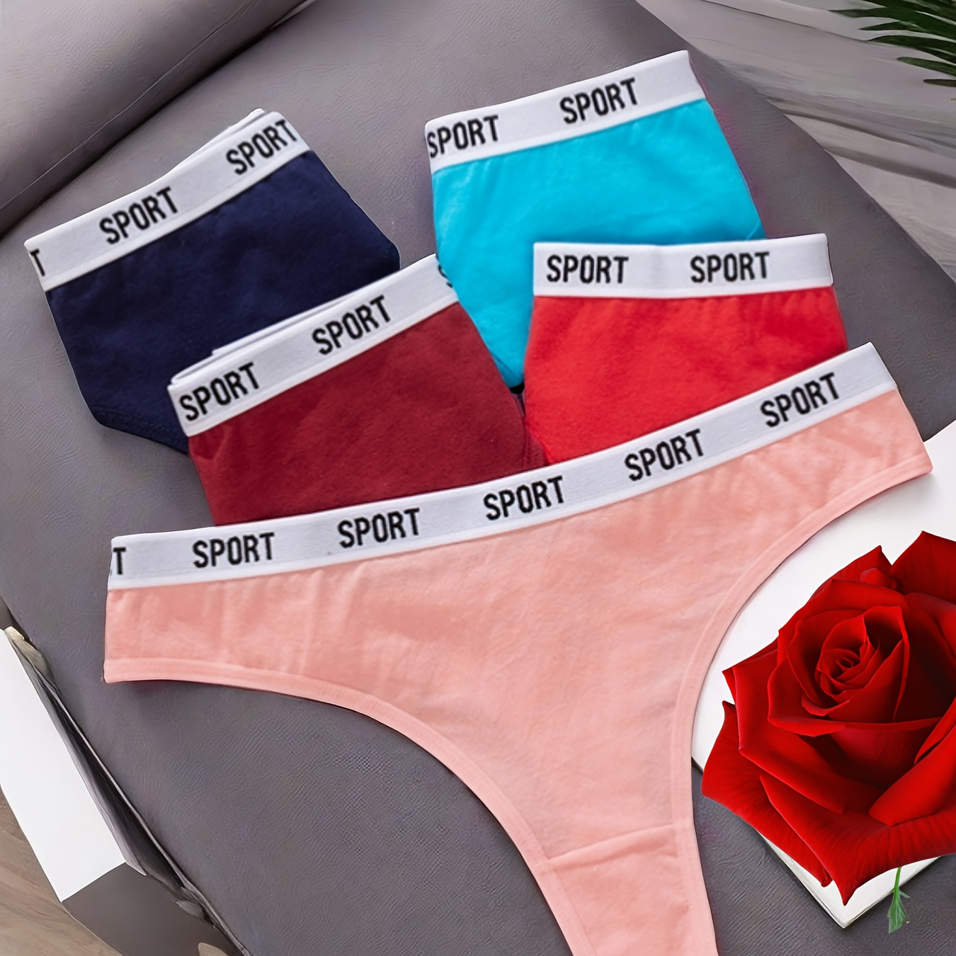 

5pcs Contrast Letter Print Trim Thongs, Sexy Comfy Breathable Stretchy Intimates Panties, Women's Lingerie & Underwear