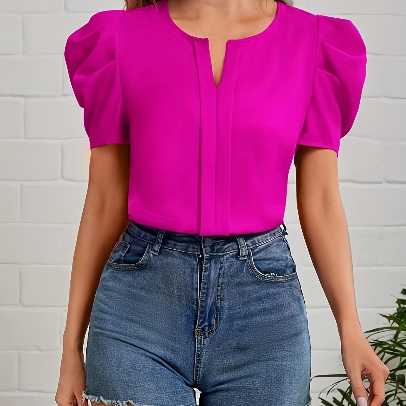 

Solid Color Notched Neck Blouse, Elegant Short Sleeve Blouse For Spring & Summer, Women's Clothing