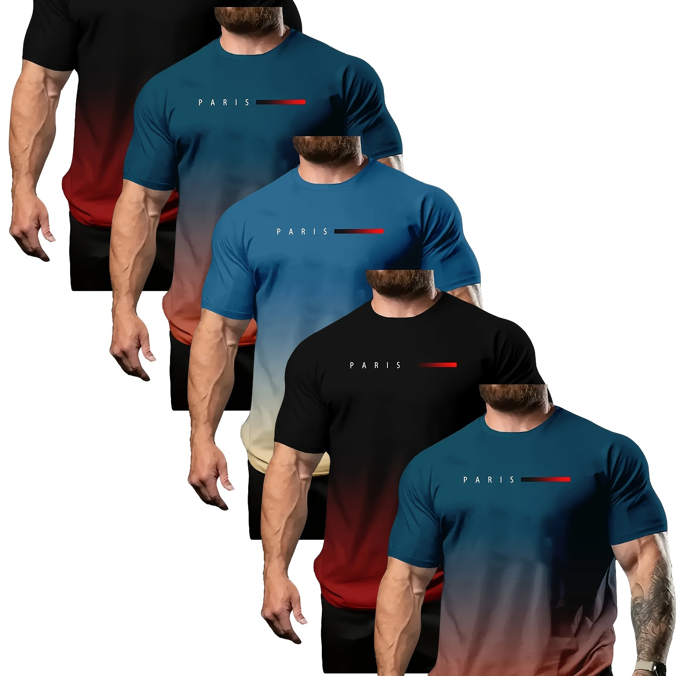 

5pcs Pack Vibrant Gradient Short Sleeve Crew Collar T-shirt For Men - Summer Casual Tee With Letter-printed - Perfect Gift Idea