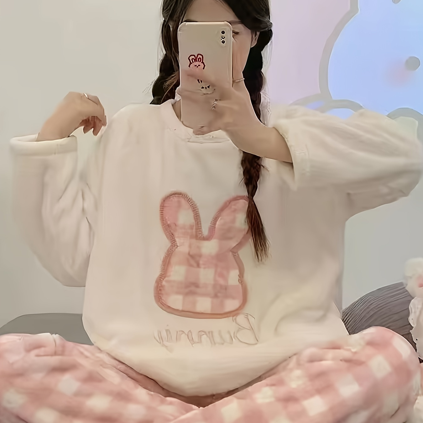 

1set Women's Cute Cartoon Bunny Embroidery Long Sleeve Top And Loose Pants Pajama Set, Polyester Round Neck Sleepwear For Adults, Autumn/winter Wear