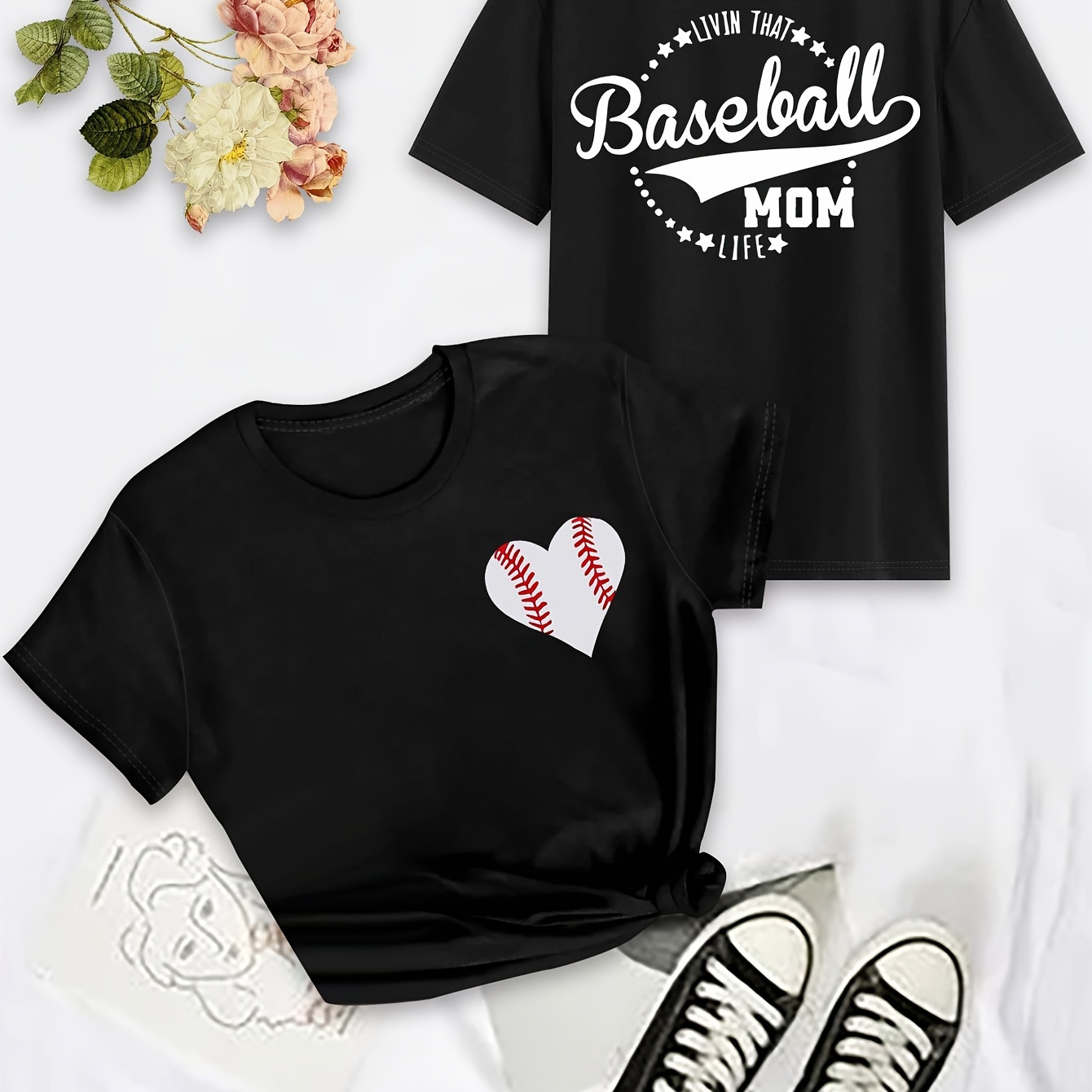 

Plus Size Heart & Baseball Print T-shirt, Mother's Day Crew Neck Short Sleeve T-shirt, Women's Plus Size clothing