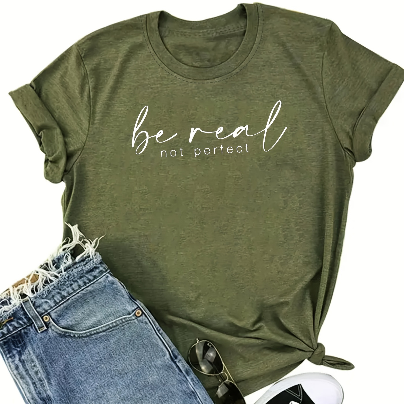 

Be Real Letter Print T-shirt, Short Sleeve Crew Neck Casual Top For Summer & Spring, Women's Clothing