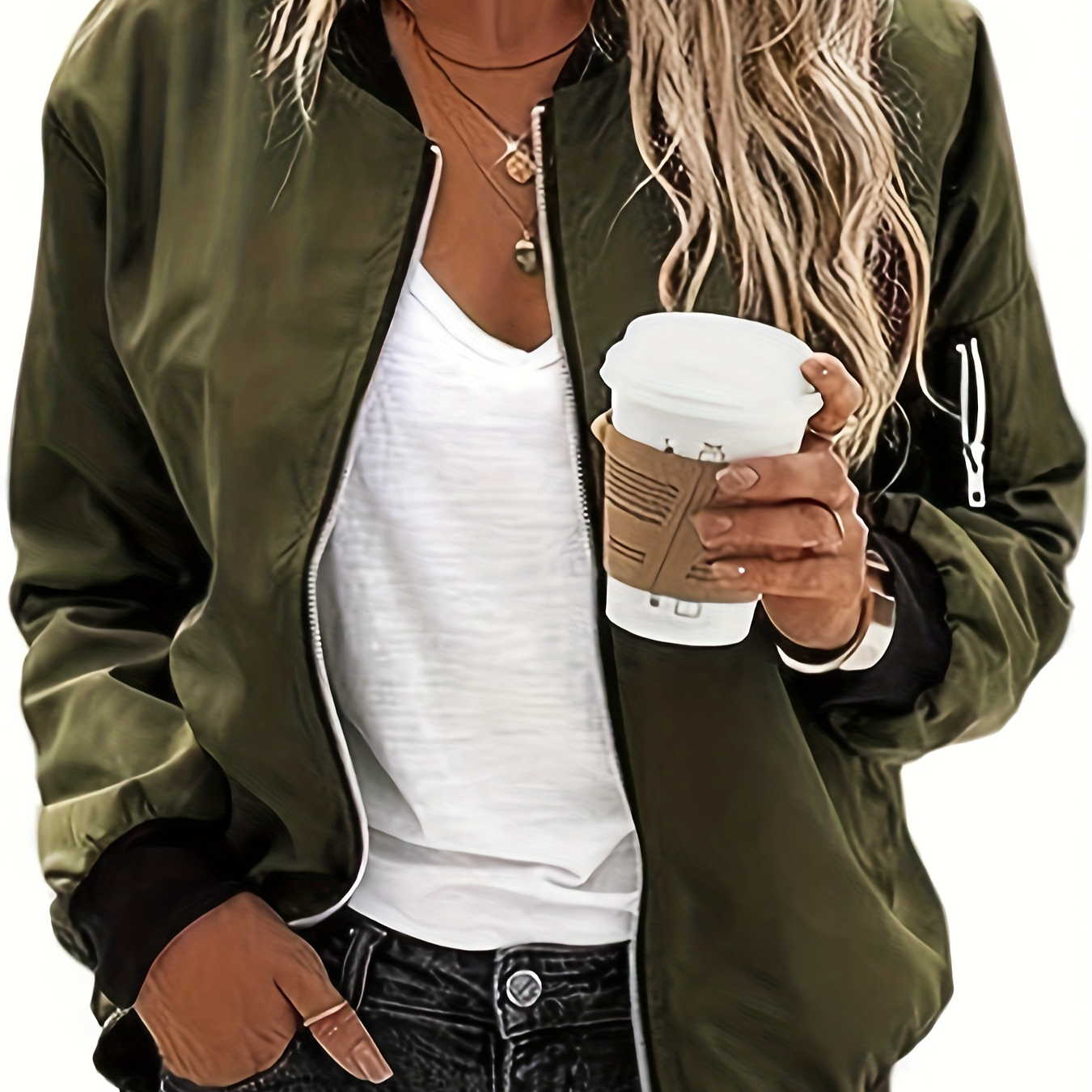 

Solid Zip Up Jacket, Casual Long Sleeve Drop Shoulder Outwear For Spring & Fall, Women's Clothing