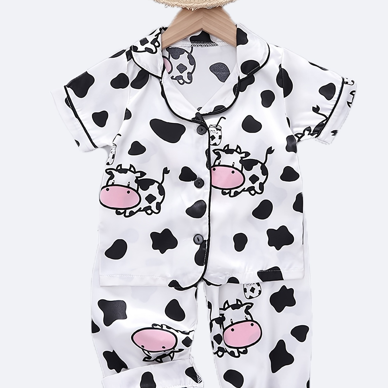 

2pcs Kid's Cow Pattern Pajamas, Button Front Top & Satin Pants Set, Comfy Casual Pj Set, Toddler Girl's Loungewear For Summer