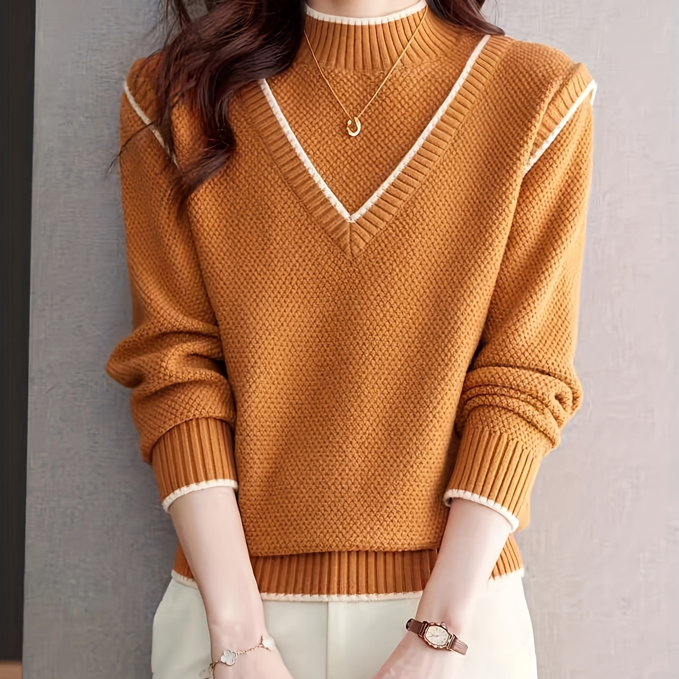 

Yellow Layered Sweater For Women - Cozy Knit With Trim, Mock Neck, Long Sleeves - Polyester, Fall & Winter