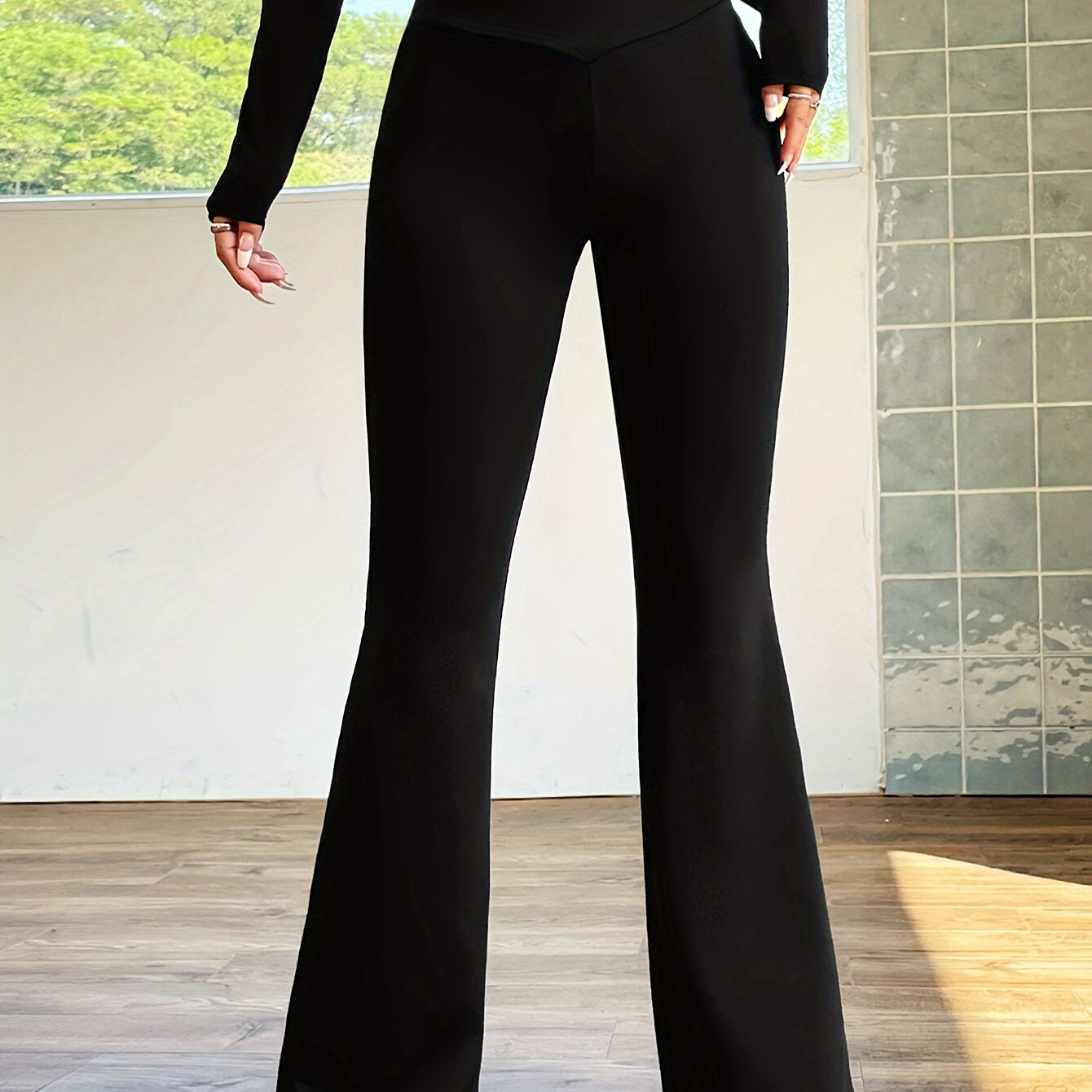 

Elegant Solid Leg Pants For Women, Polyester Knit Fabric With Elastane, Comfort -season Long Length Trousers - Middle-eastern Style