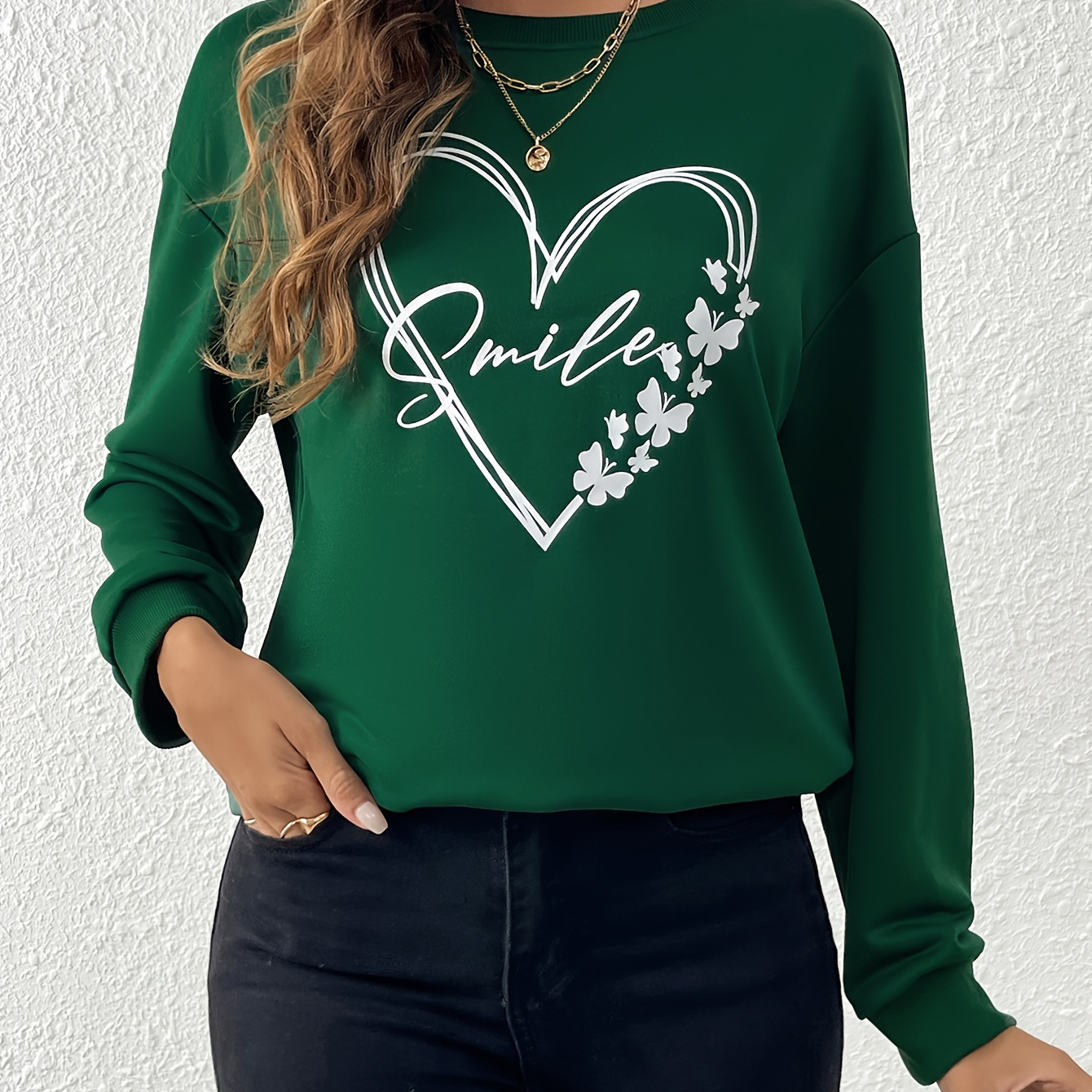 

Heart & Letter Print Pullover Sweatshirt, Casual Long Sleeve Crew Neck Sweatshirt For Fall & Winter, Women's Clothing