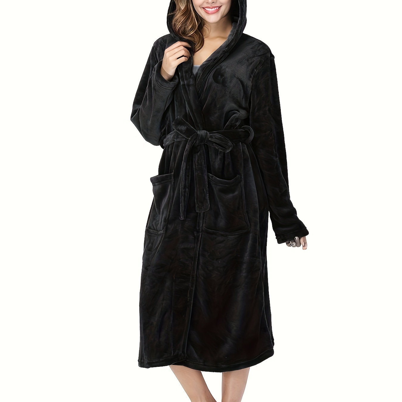 

Women's Hooded Bathrobe, Long Loungewear With Pockets, Cozy Fluffy Elegant Robe For Fall & Winter