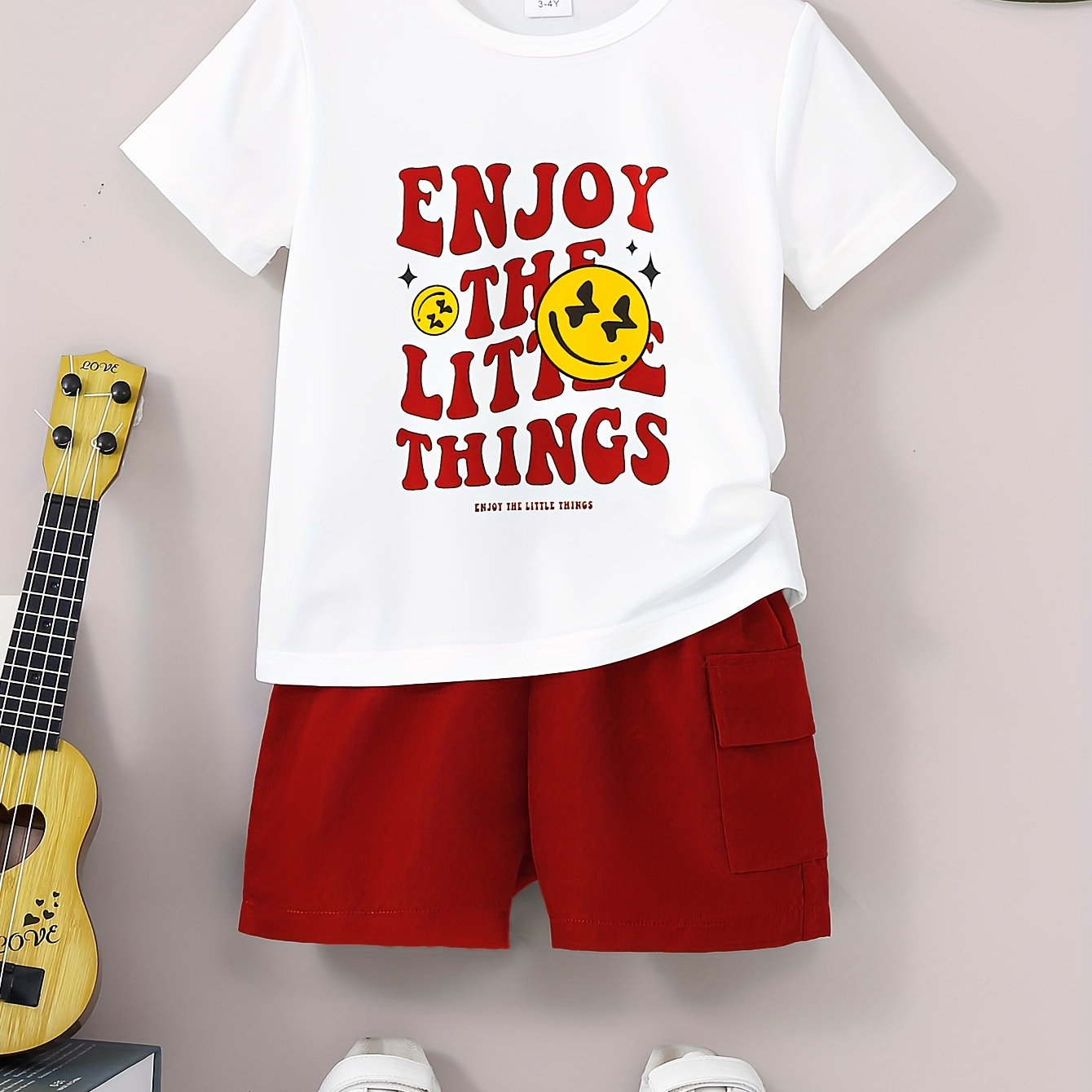 

Enjoy The Little Things Letter Graphic Print, 2pcs Boys Casual Short Sleeve T-shirt & Shorts Set, Boys Clothing For Summer, As Gifts