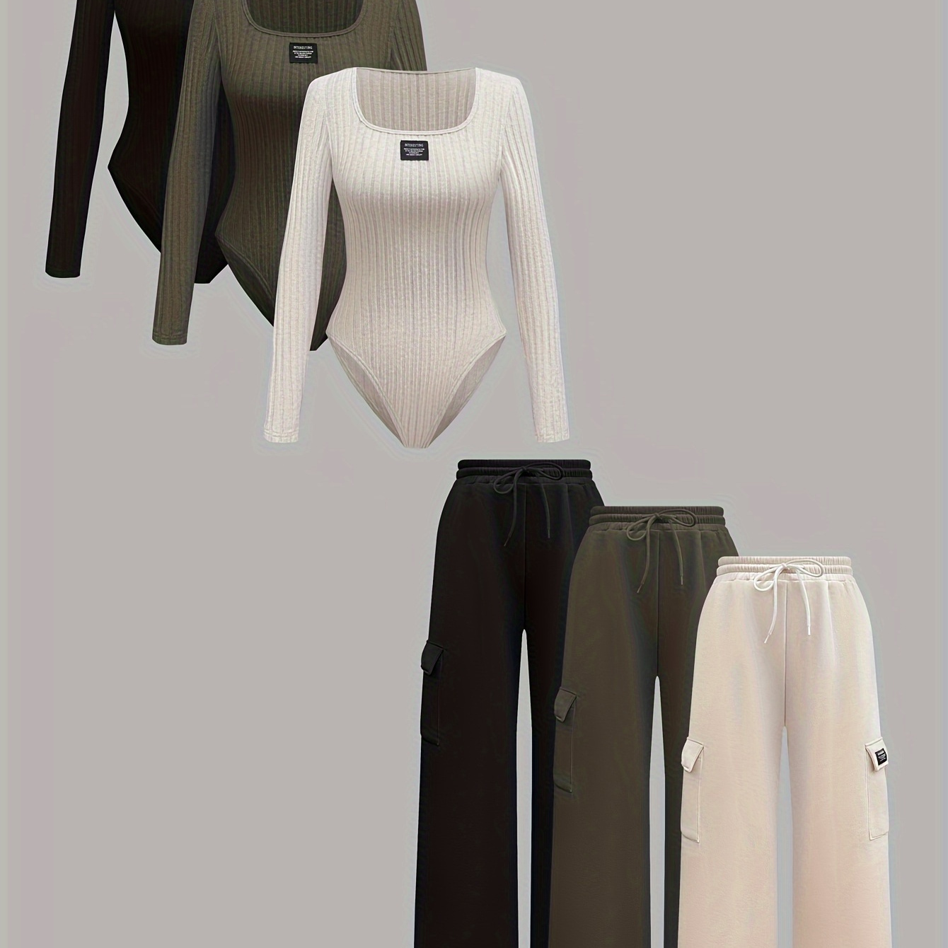 

6pcs Women's Casual Bodysuit & Pants Set - Square Neck, Long Sleeve, Solid Color With Tie Detail, Stretchy Polyester Fabric, Machine Washable