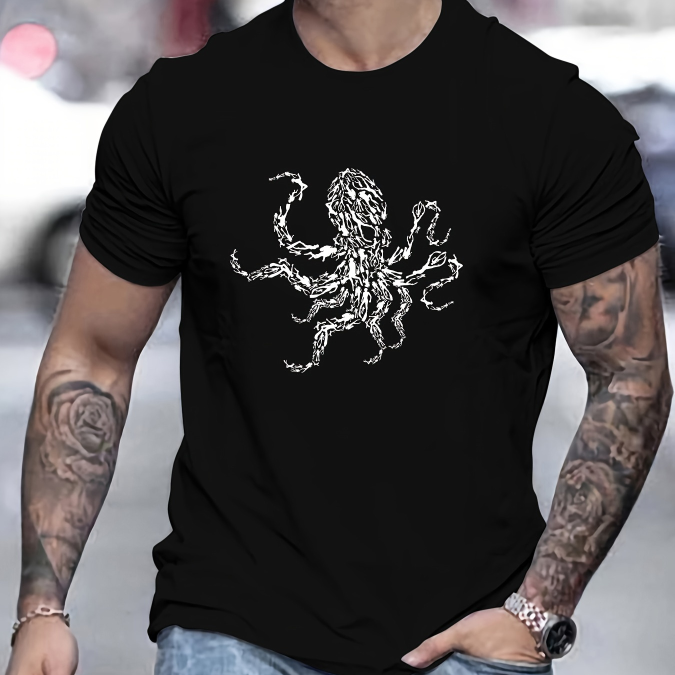 

Diver Group Octopus Pattern Print Men's T-shirt Short Sleeve Crew Neck Tops Cotton Comfortable Breathable Spring Summer Clothing For Men