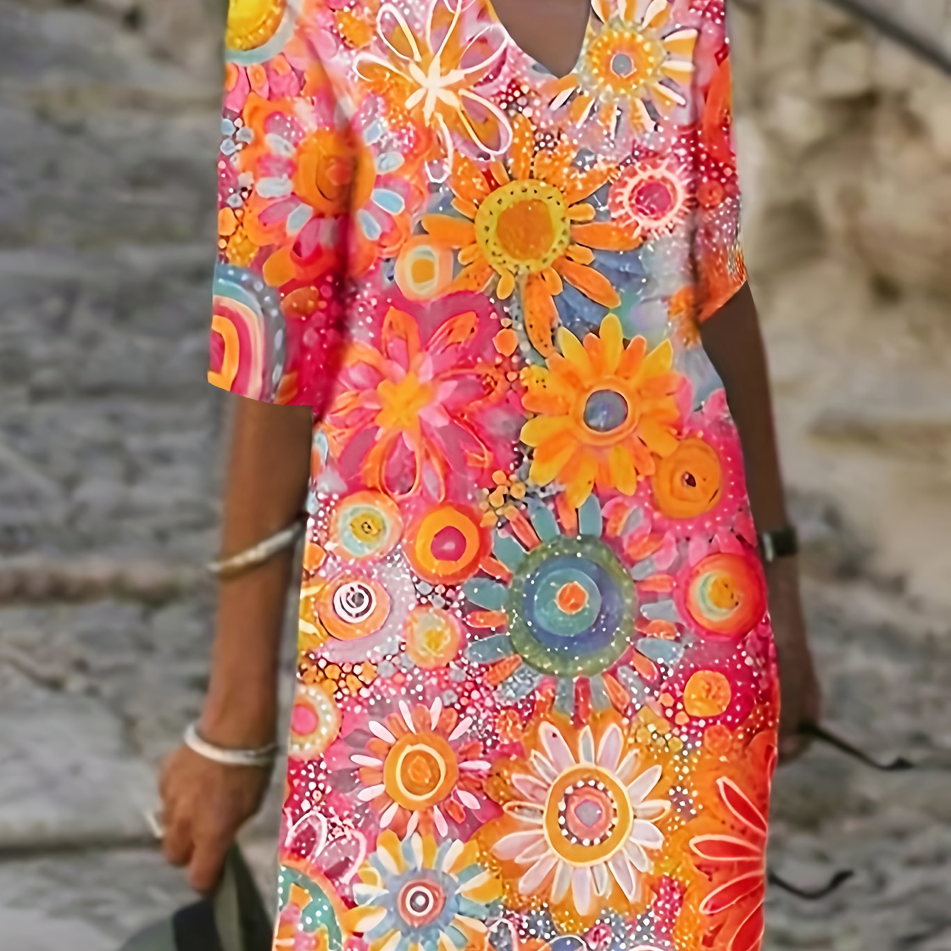 

Floral Print Notched Neck Dress, Elegant Short Sleeve Knee Length Dress For Spring & Summer, Women's Clothing