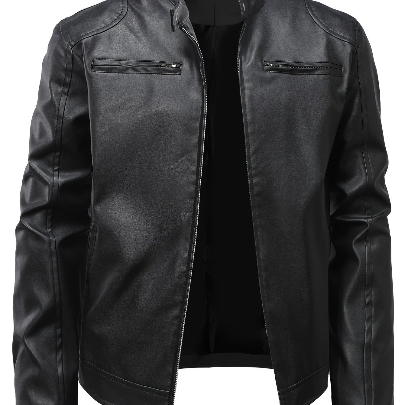 

Men's Solid Pu Leather Band Collar Jacket For Motorcycle Riding, Slim Fit Business Jacket
