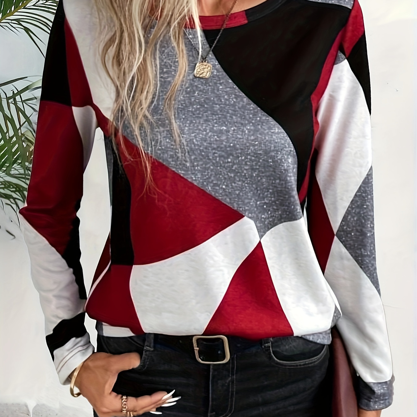 

Geo Print Crew Neck T-shirt, Casual Long Sleeve Top For Spring & Fall, Women's Clothing