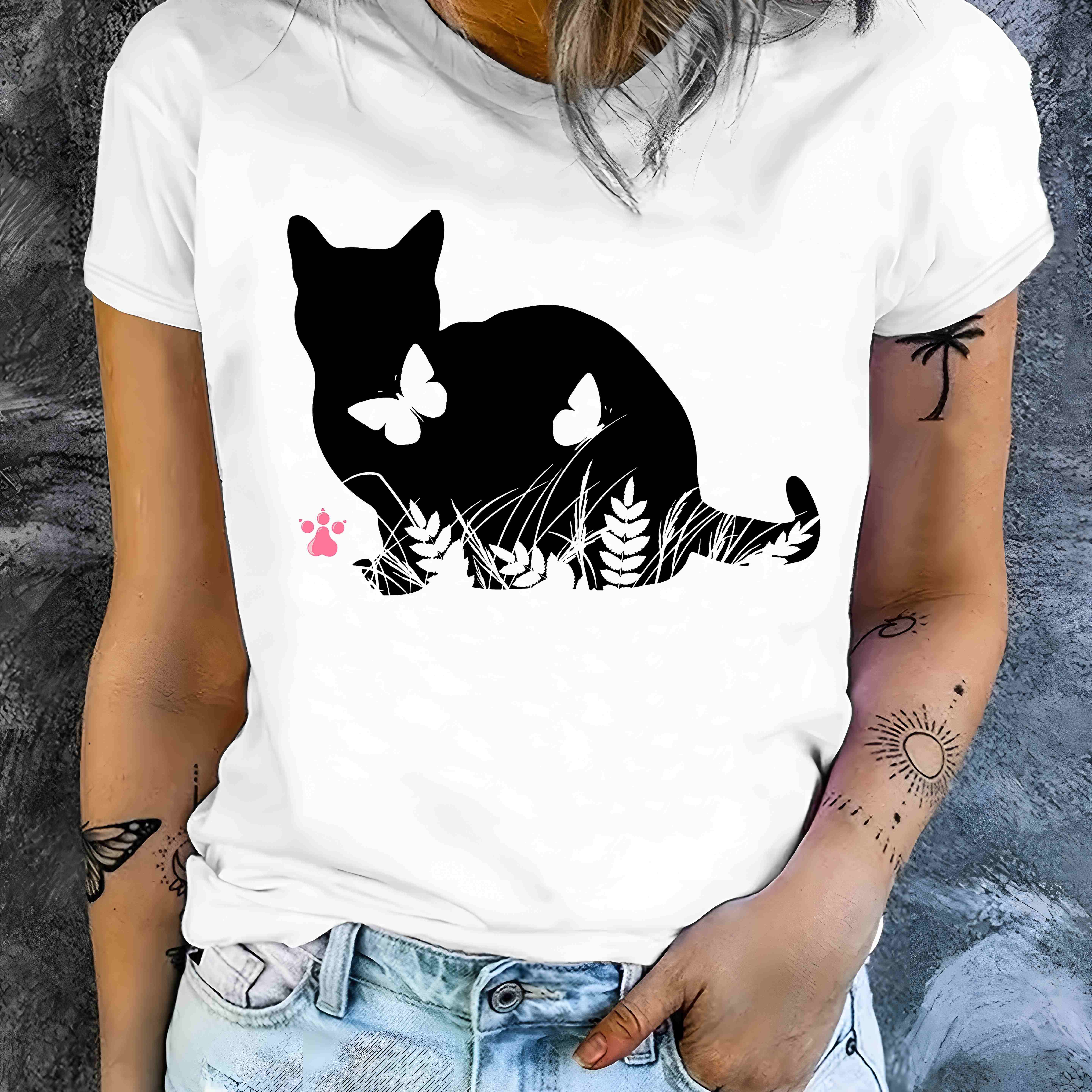 

Black Cat & Butterfly Print T-shirt, Casual Short Sleeve Summer Top, Women's Clothing