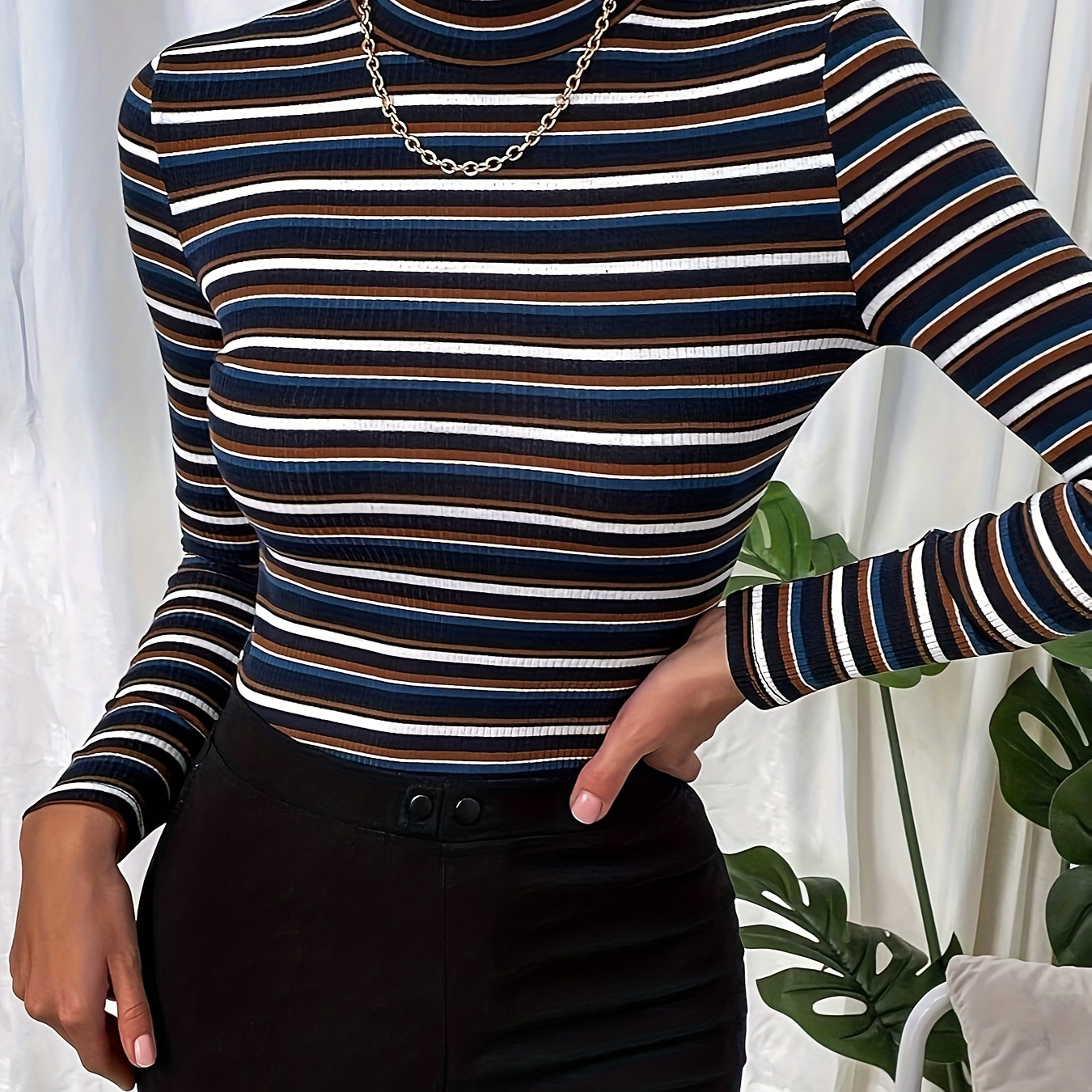

Striped Print Long Sleeve T-shirt, Casual Mock Neck Top For Winter & Fall, Women's Clothing
