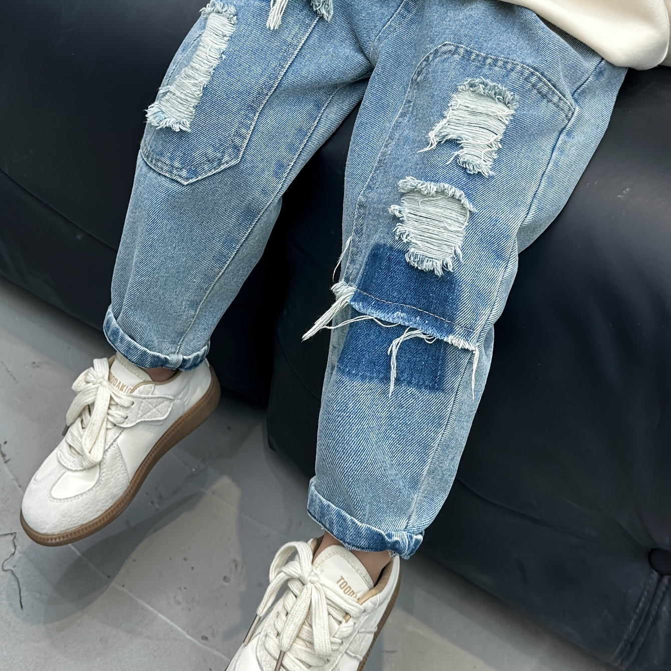

Boys' Fashion Ripped Patchwork Cotton Jeans - Casual Loose Fit Denim Pants For Spring/summer/autumn, Kids' Stylish Distressed Trousers With Trendy Hole Details