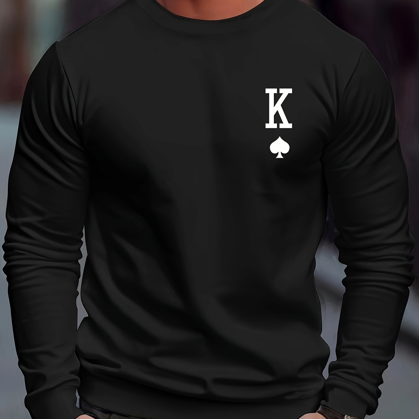 

Spade K Print Men's Crew Neck Long Sleeve Sweatshirt, Casual Wear, Graphic Pullover, Men's Clothing For Spring Fall Winter
