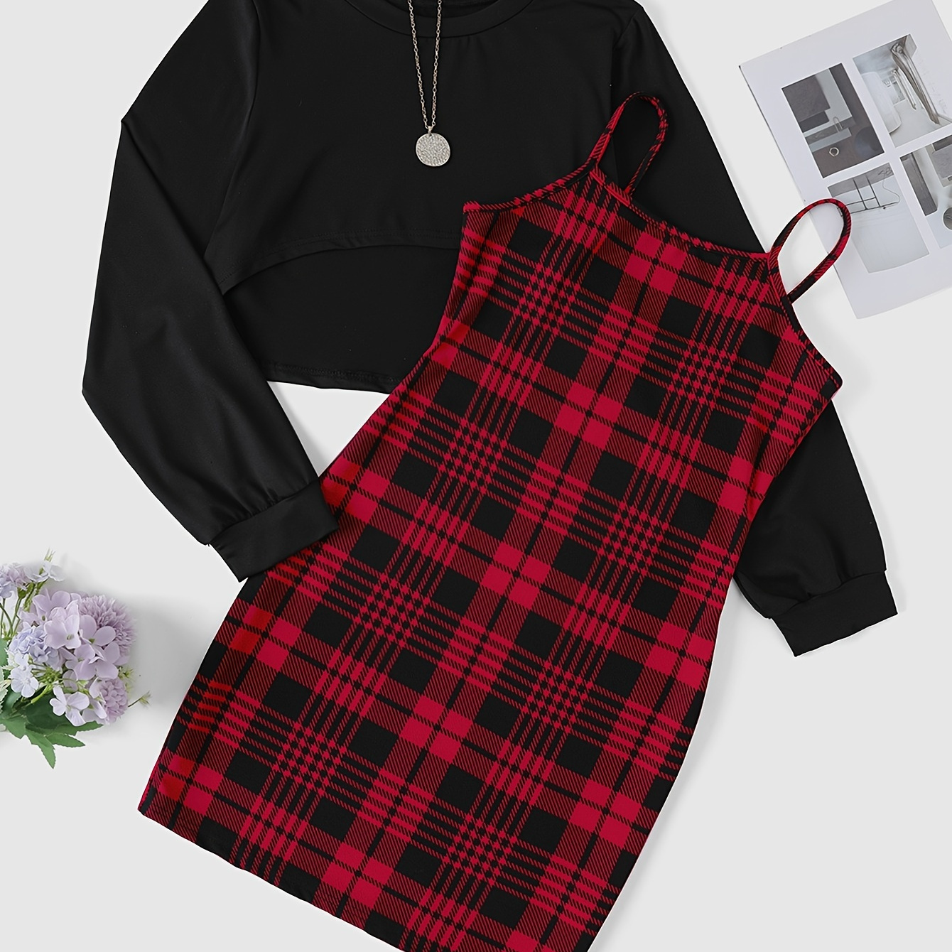 

Casual Two-piece Dress Set, Long Sleeve Crew Neck Crop Top & Plaid Print Slim Cami Dress Outfits, Women's Clothing