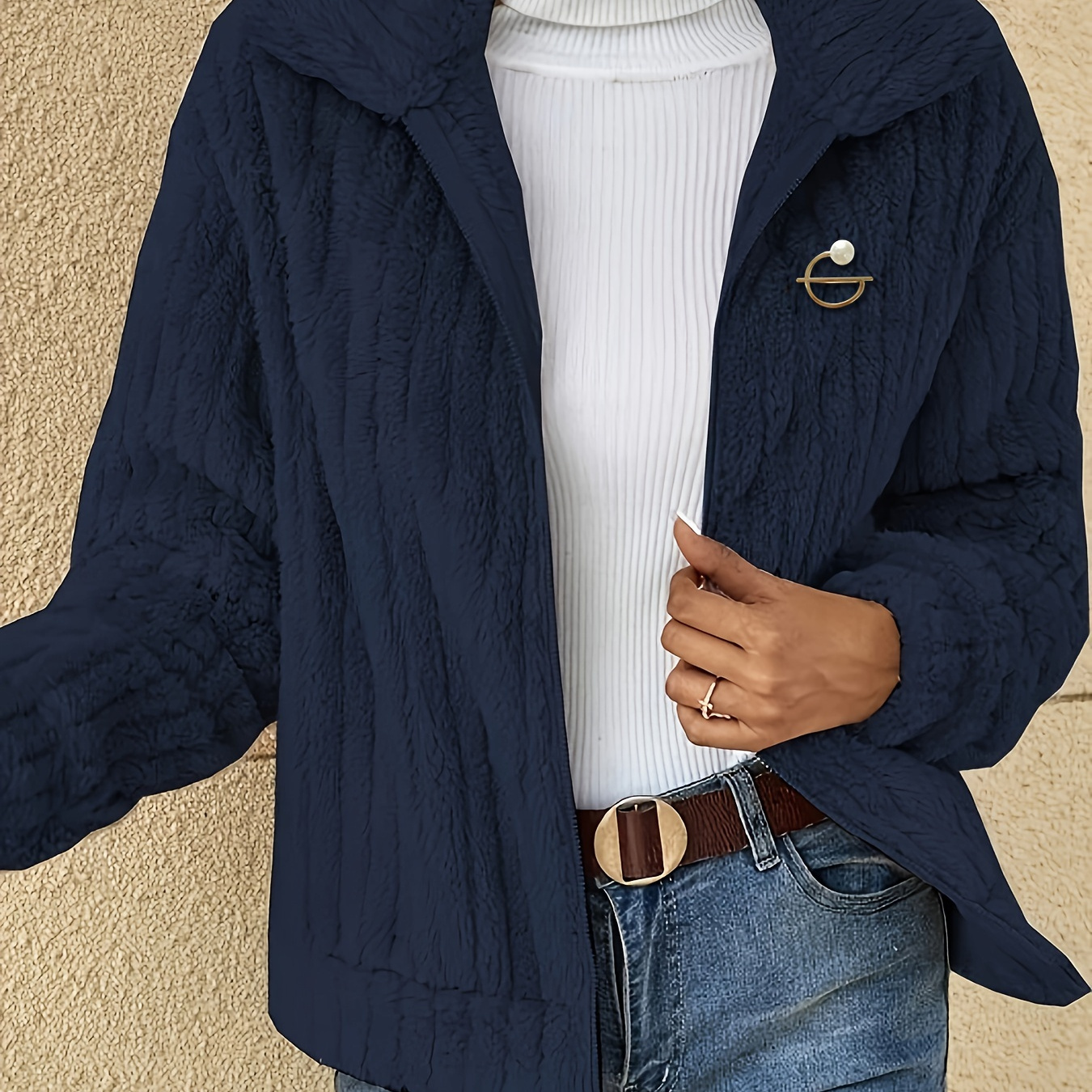 

Fuzzy Solid Warm Coat, Elegant Open Front Long Sleeve Outerwear, Women's Clothing