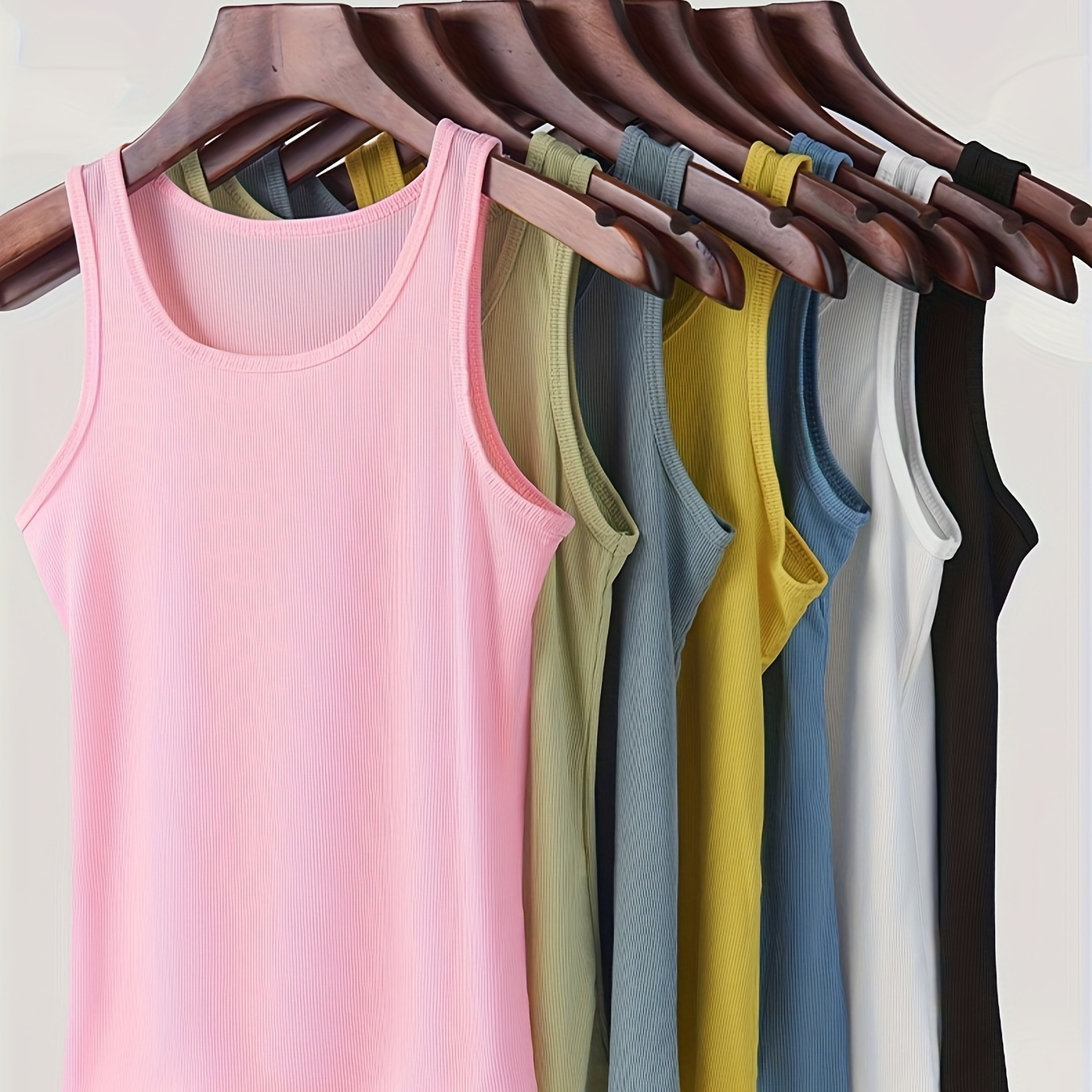 

Elegant Ribbed Camisole Tank Tops For Women, Pack Of 7, Polyester 95%, Elastane 5%, Knit Fabric, Solid Color, No Padding - Versatile Sleeveless Tops For Layering Or Sleepwear