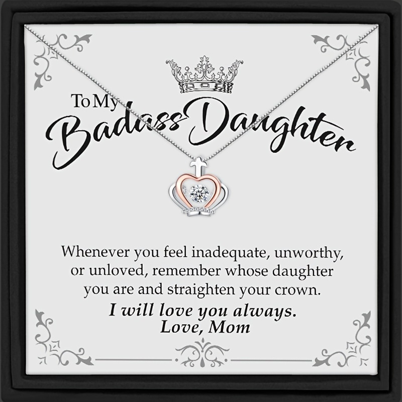 To My Badass Daughter Cubic Zirconia Crown Necklace + Card + Gift Box, Birthday Gift For Daughter