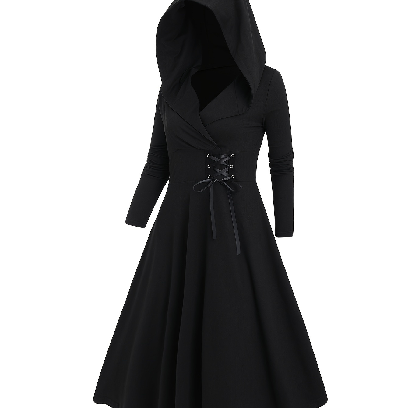 

Robe Midi Élégante Noire à Capuche avec Détail à Lacets - Manches Longues d'Inspiration Vintage, Mélange de Polyester et Spandex, Lavable en Machine - pour /Hiver