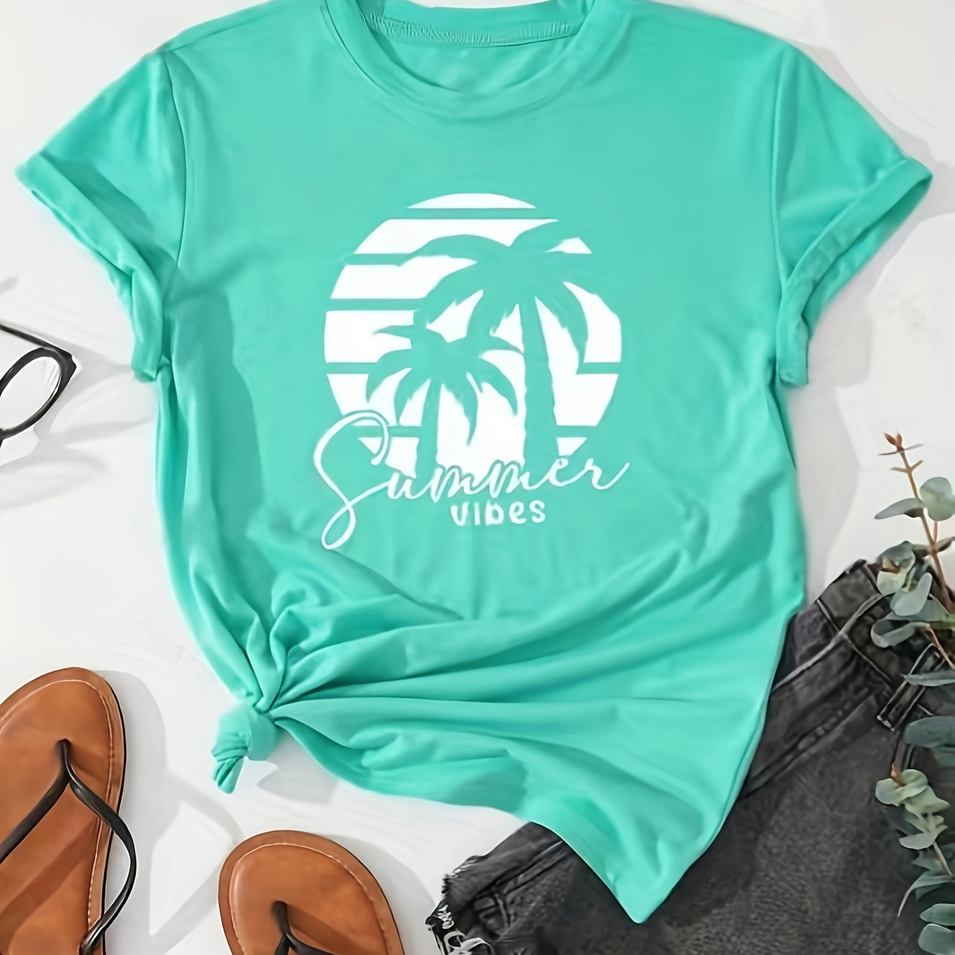 

Coconut Tree Print Crew Neck T-shirt, Short Sleeve Casual Top For Spring & Summer, Women's Clothing