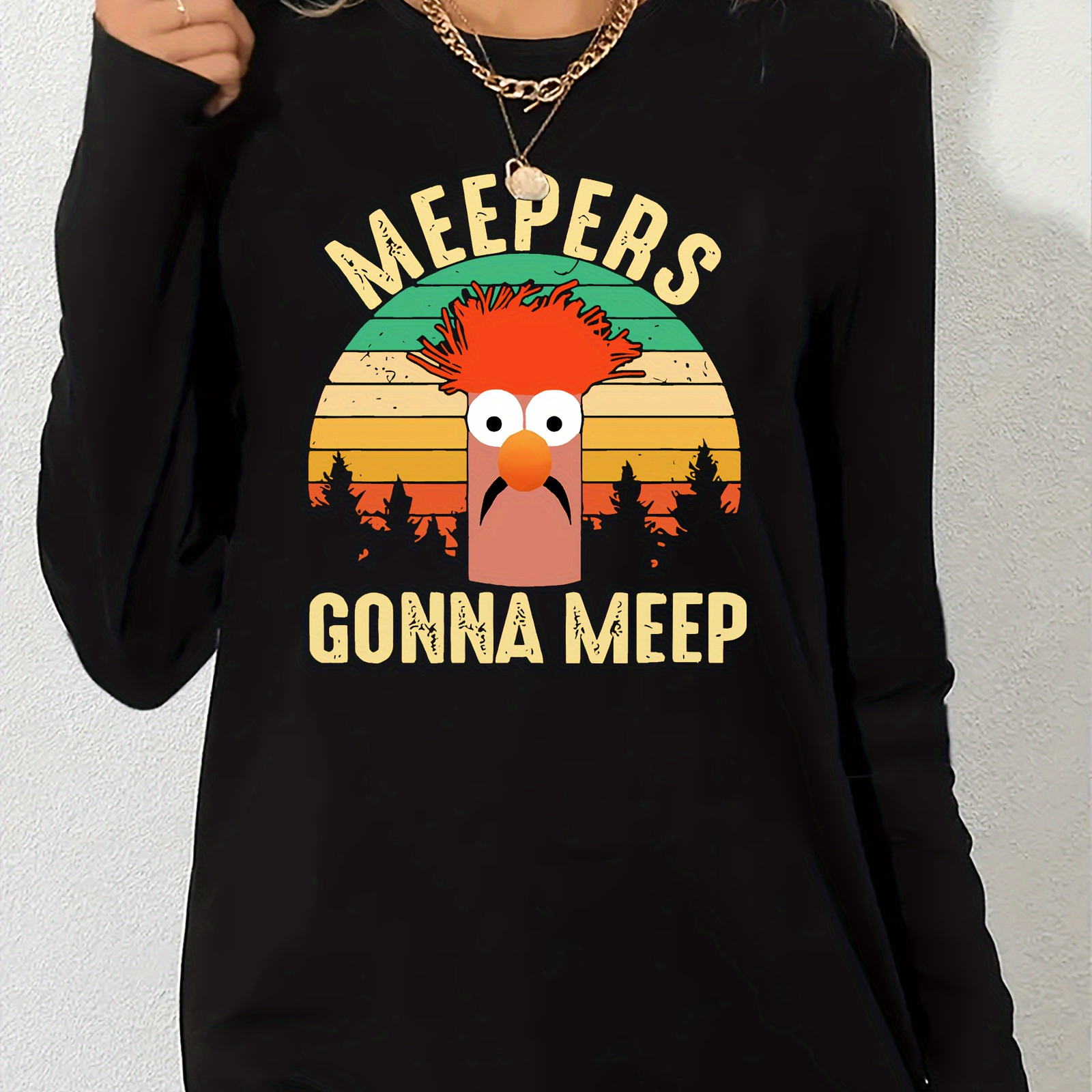 

Meepers Gonna Vintage-inspired Graphic T-shirt For Women - Casual, Knit Fabric, Medium Stretch, Geometric Pattern, Round Neck, Polyester