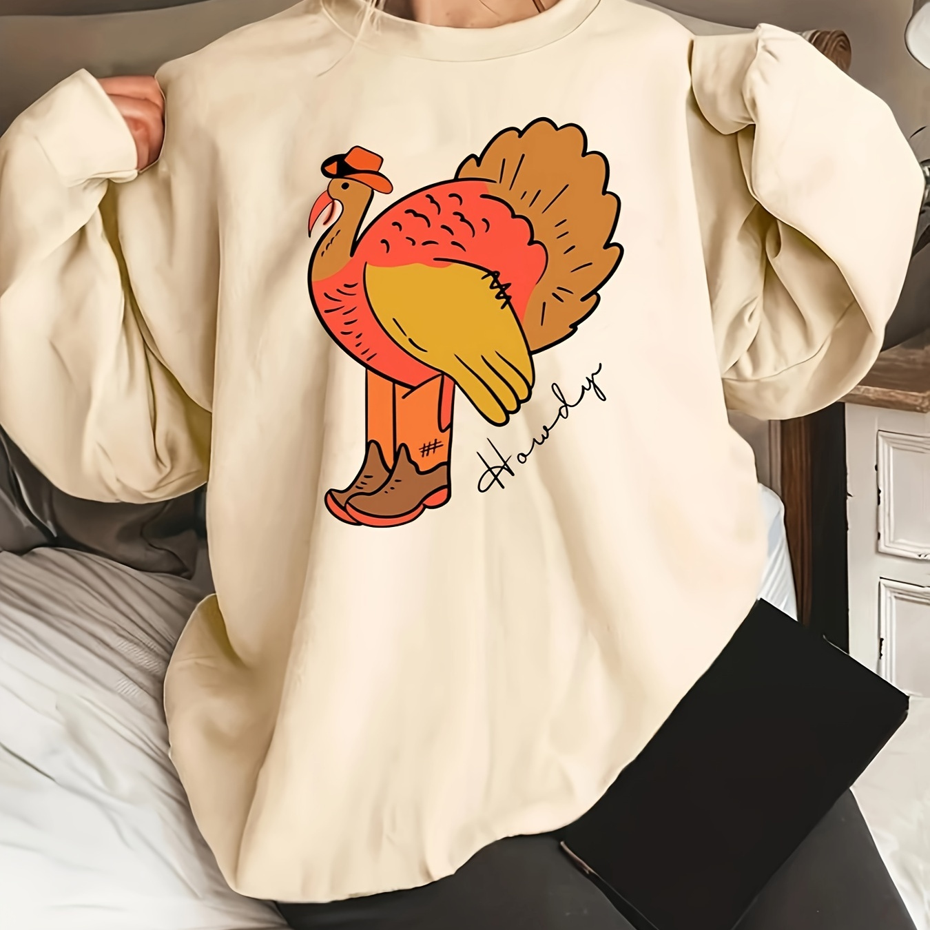 

Turkey & Letter Pattern Pullover Sweatshirt, Casual Long Sleeve Crew Neck Sweatshirt For Fall & Winter, Women's Clothing