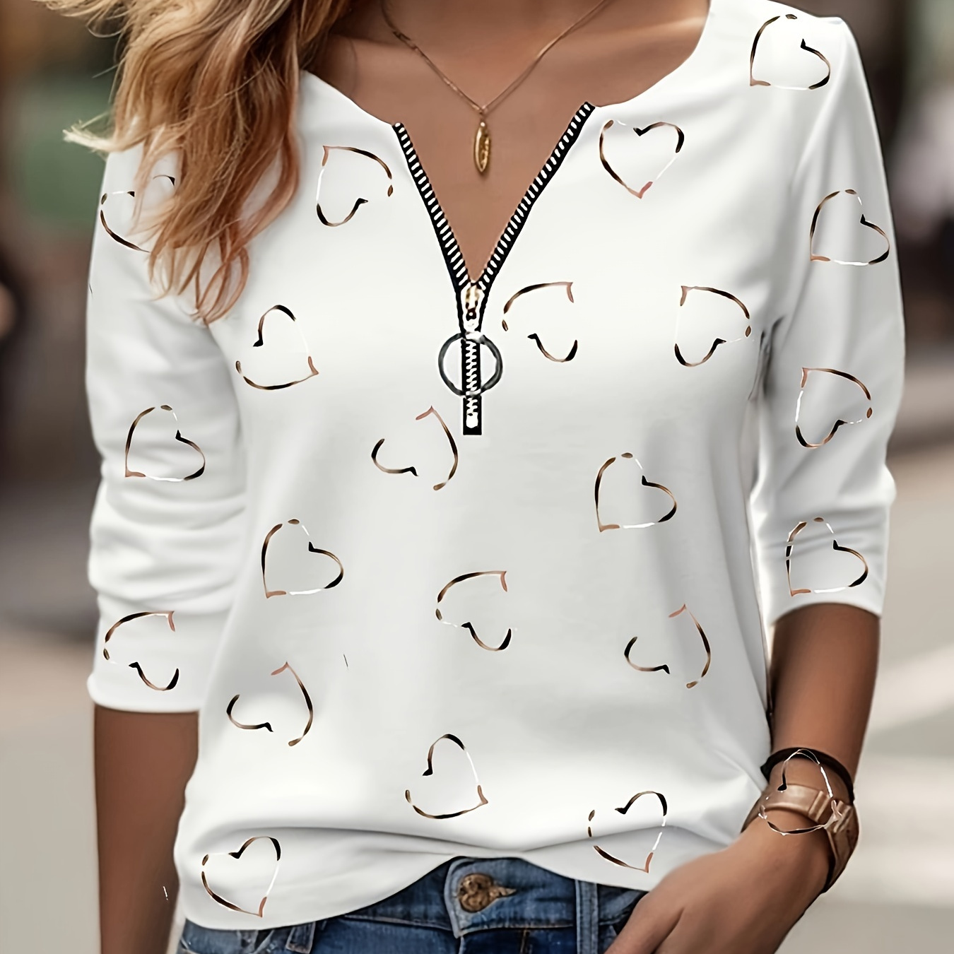 

Heart Print Long Sleeve T-shirt, Casual Zip Front Top For Spring & Fall, Women's Clothing